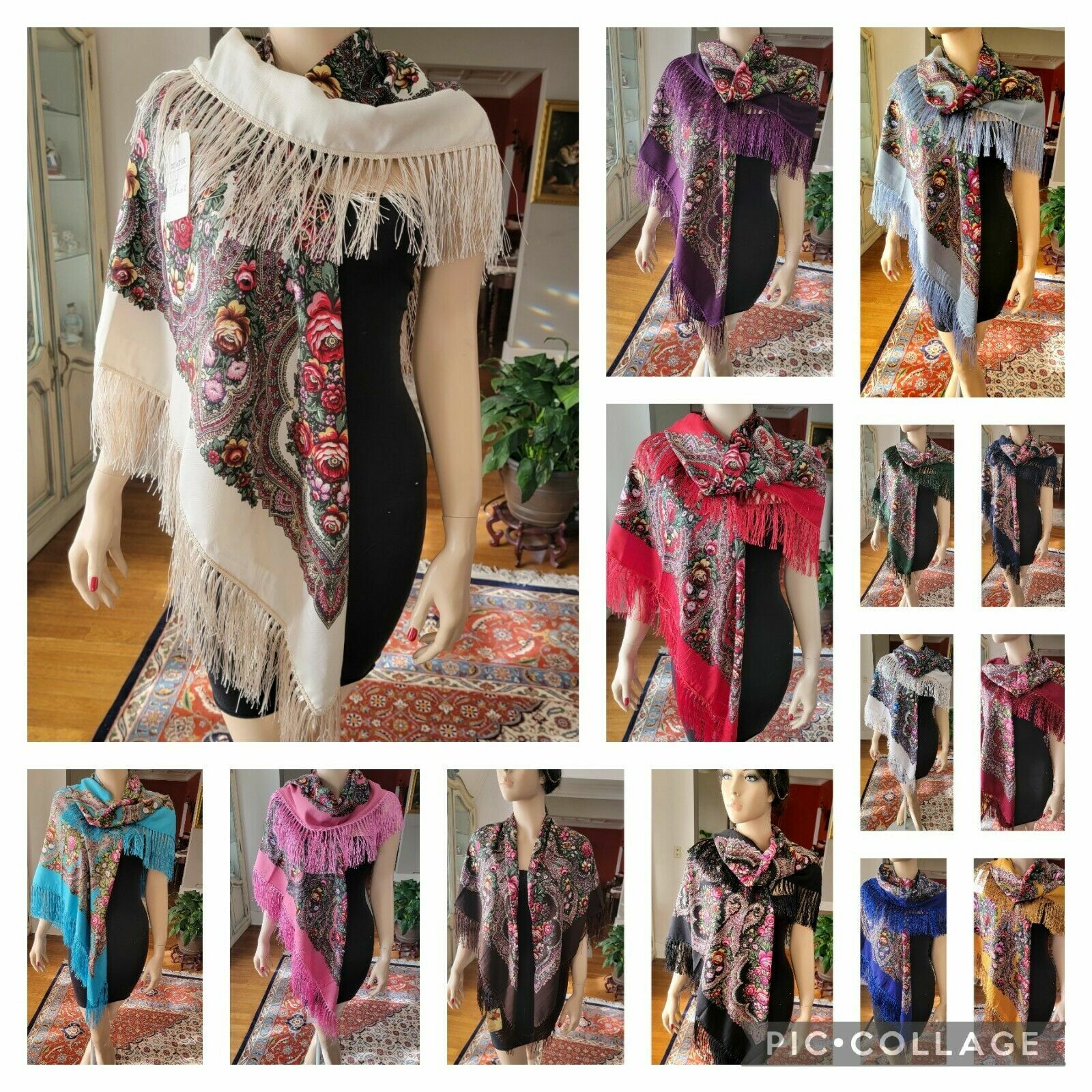 Babushka Ukrainian Polish Gypsy Shawl Floral 55"/140cm ,80% Wool Hustka #Rose120