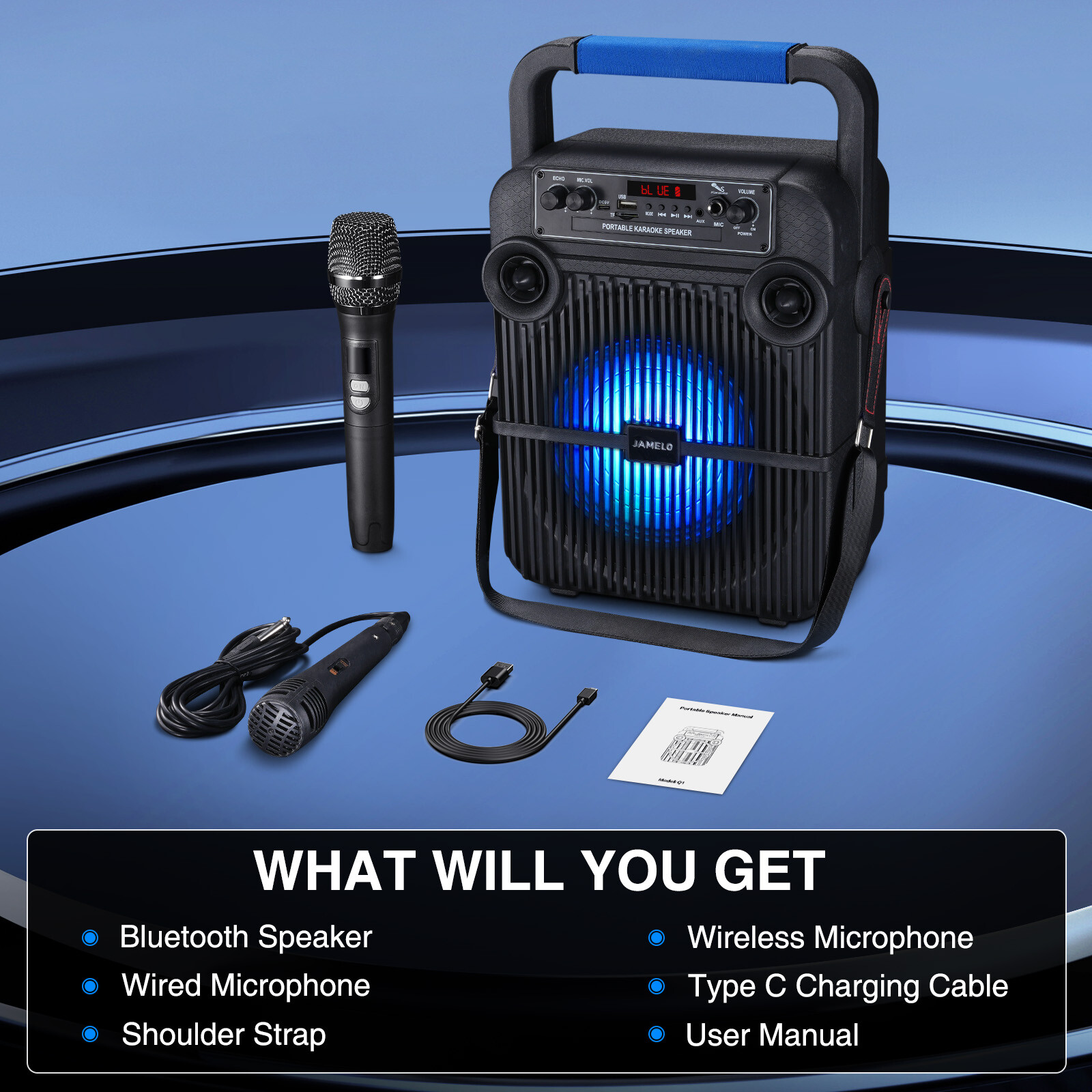 JAMELO Portable Bluetooth Speaker with Wireless Microphone Karaoke System