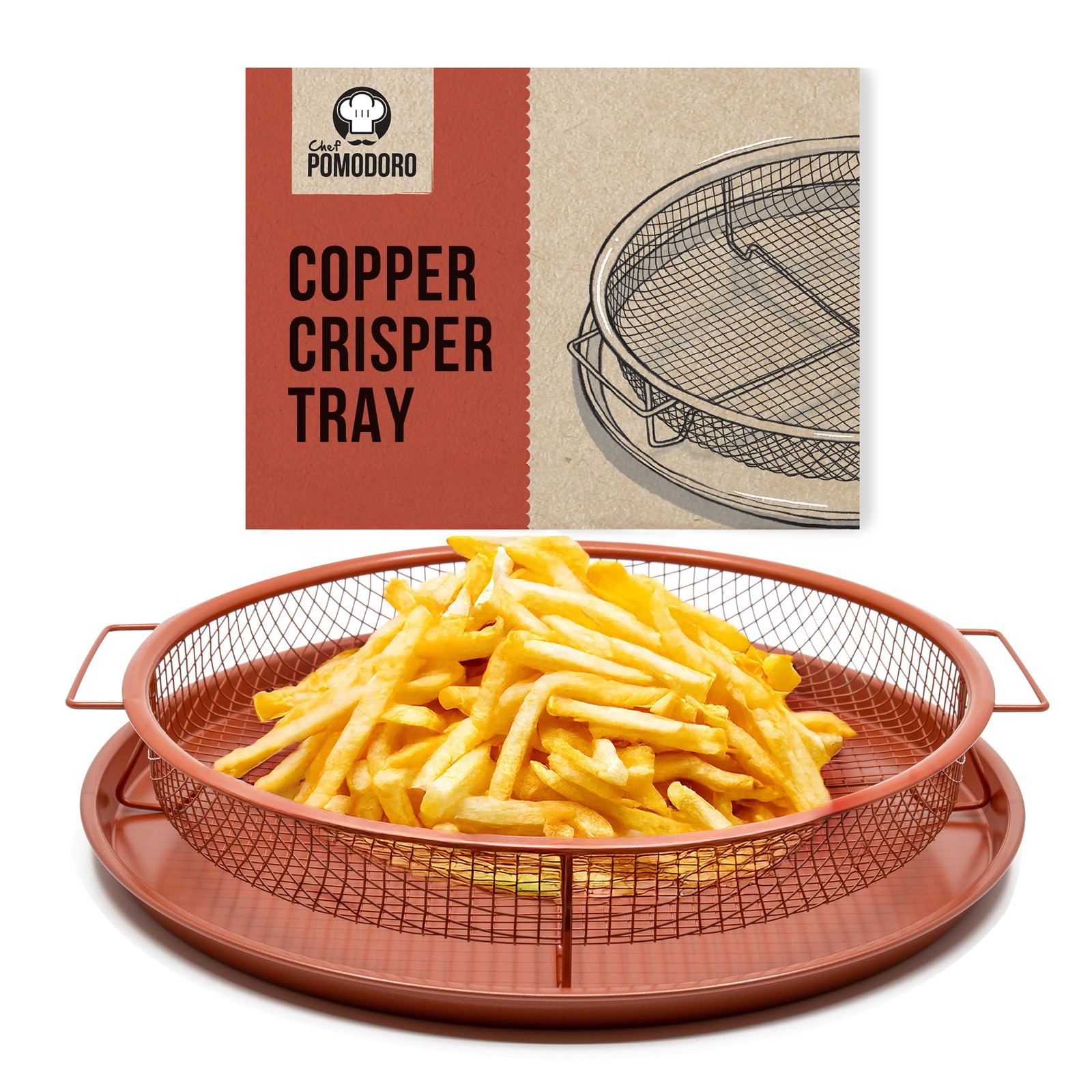 Chef Pomodoro Crisper Basket and Tray Set -2 Pieces, Round - Large, Copper