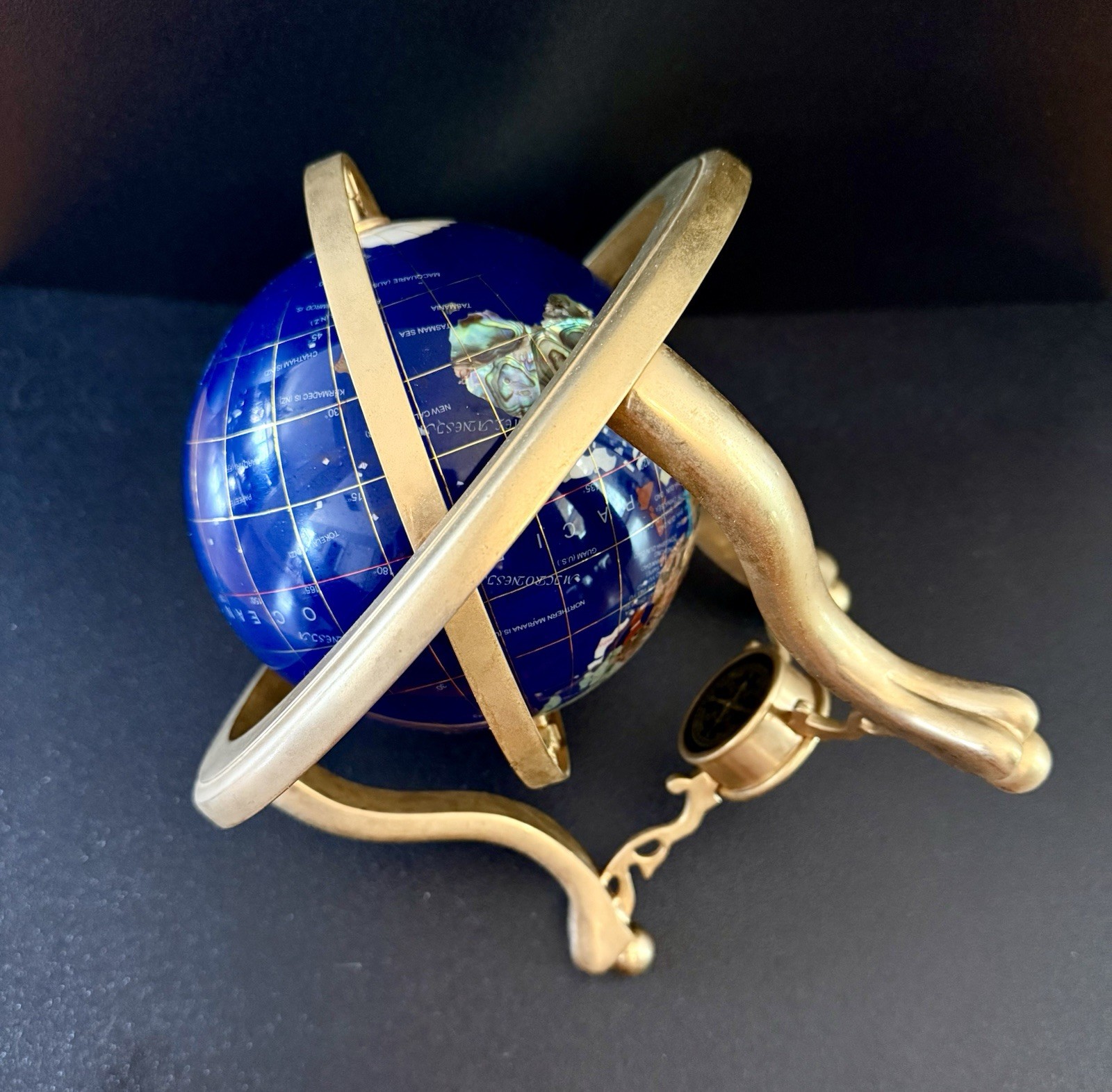 Blue Lapis Tabletop Globe, Rotating, compass, Gold-Finish tripod Base