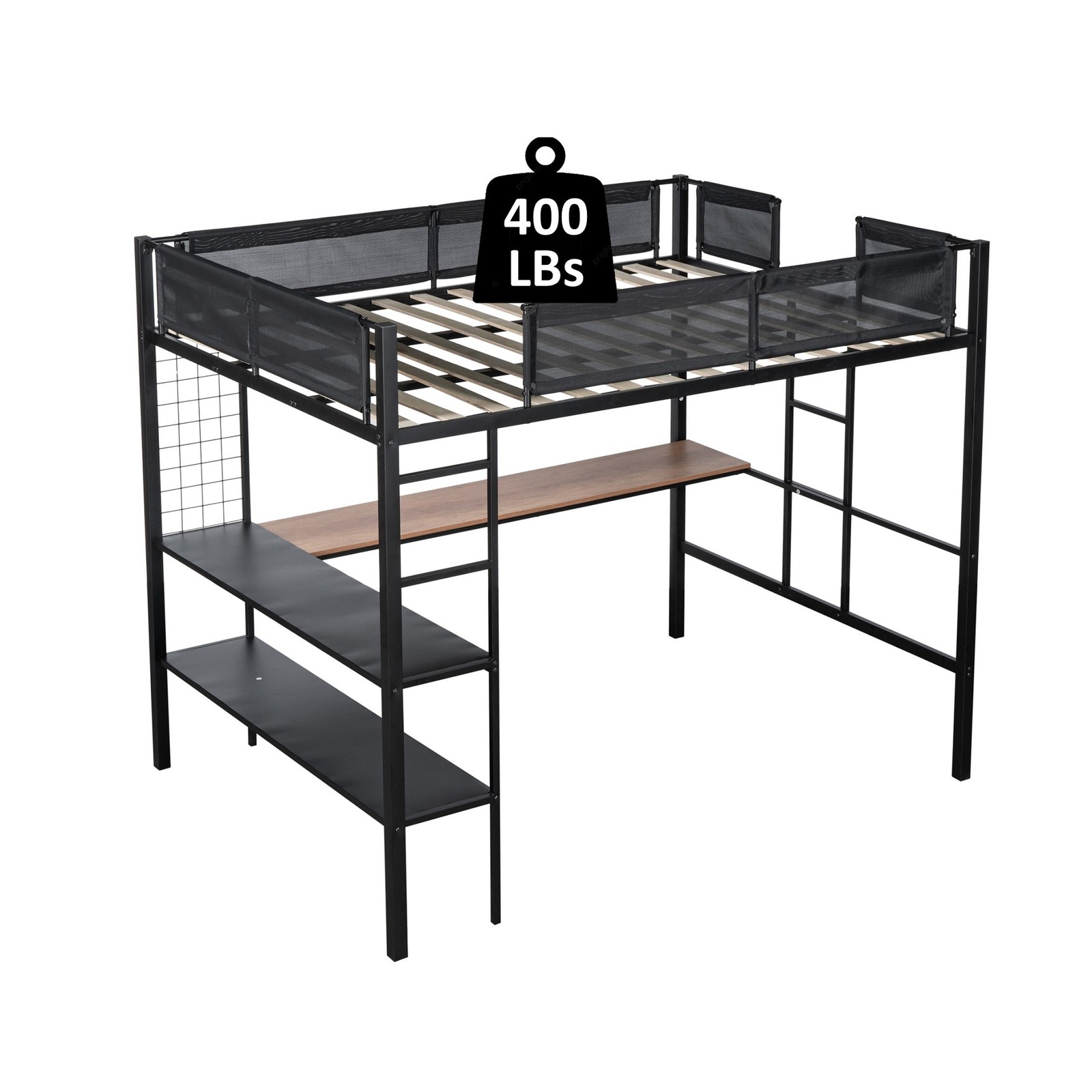 Full Size Metal Loft Bed - Built-in Desk, Noise-Free Wood Slats