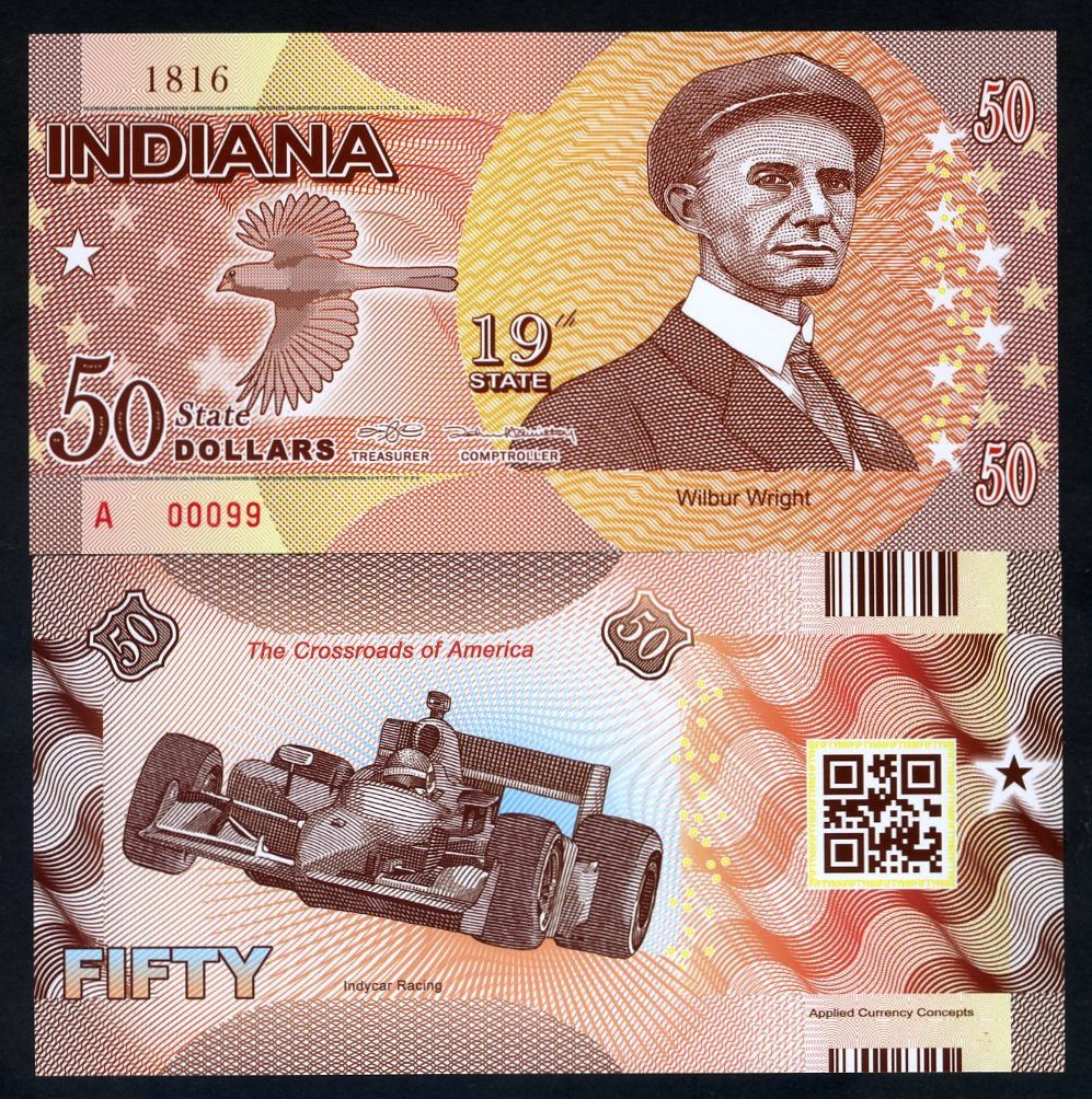 USA States, Indiana, $50, Polymer, ND (2016), P-N/L, UNC Wilbur Wright F