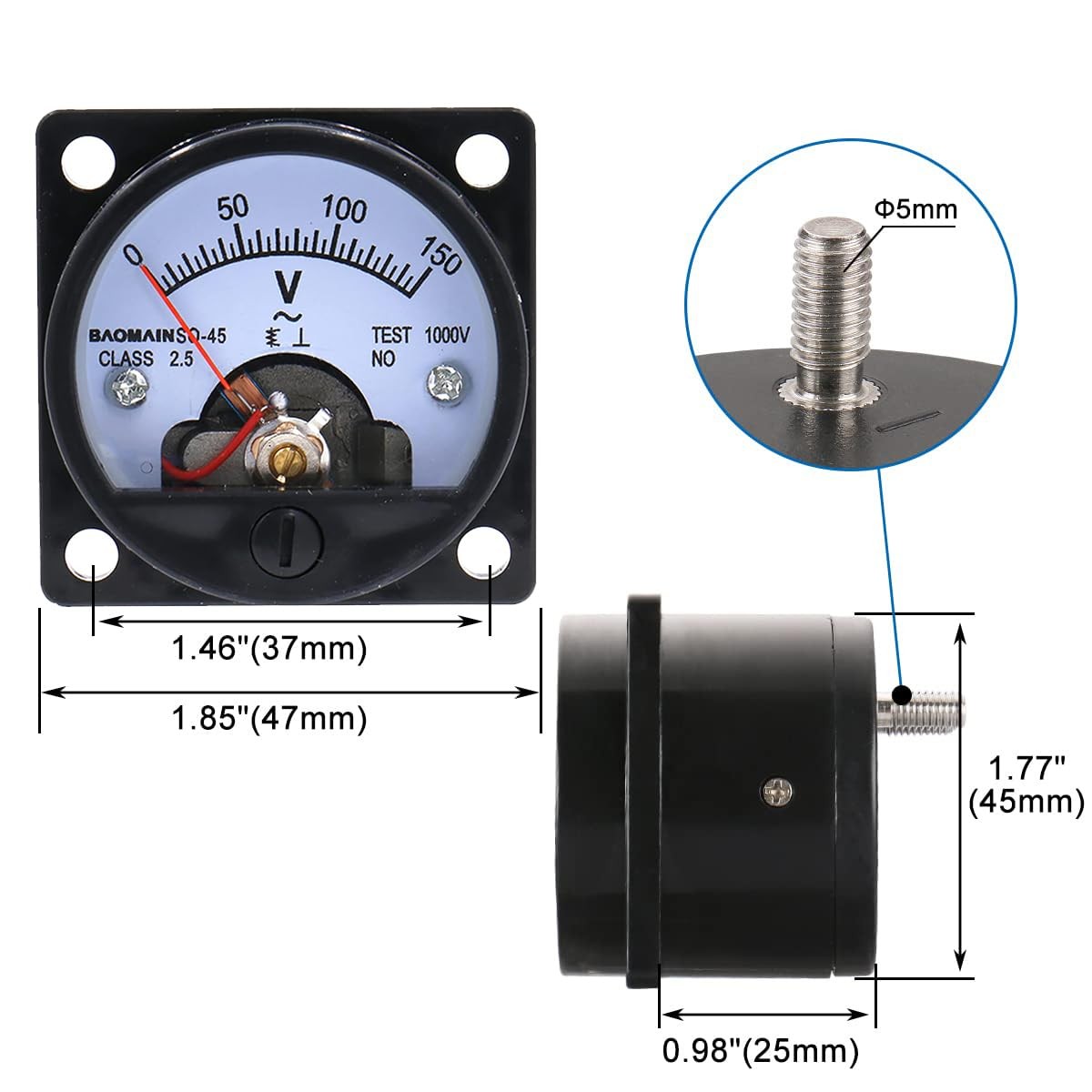 Analog Dial Panel Meter Voltmeter Gauge SO-45 AC 0-150V Round Black