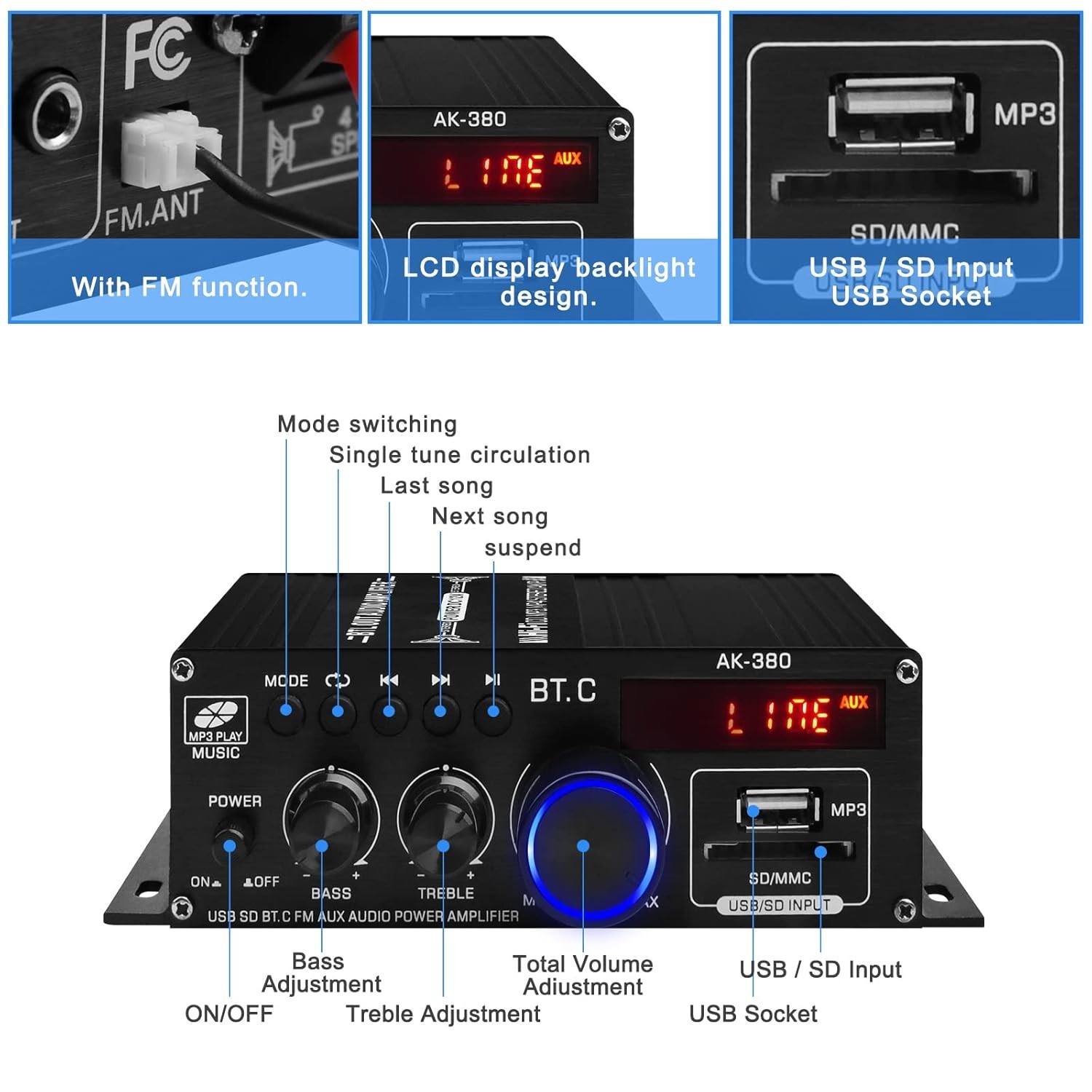 Multi-Functional 40W+40W Bluetooth Speaker Amplifier with Remote & LCD Display