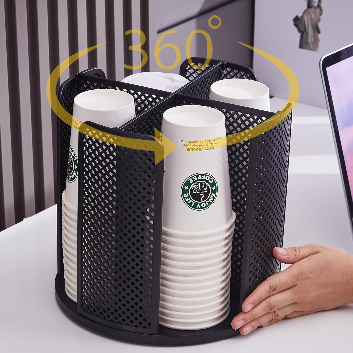 Coffee Cup Dispenser, Disposable Paper Cup and Lid Holder 360° Rotatable with 4