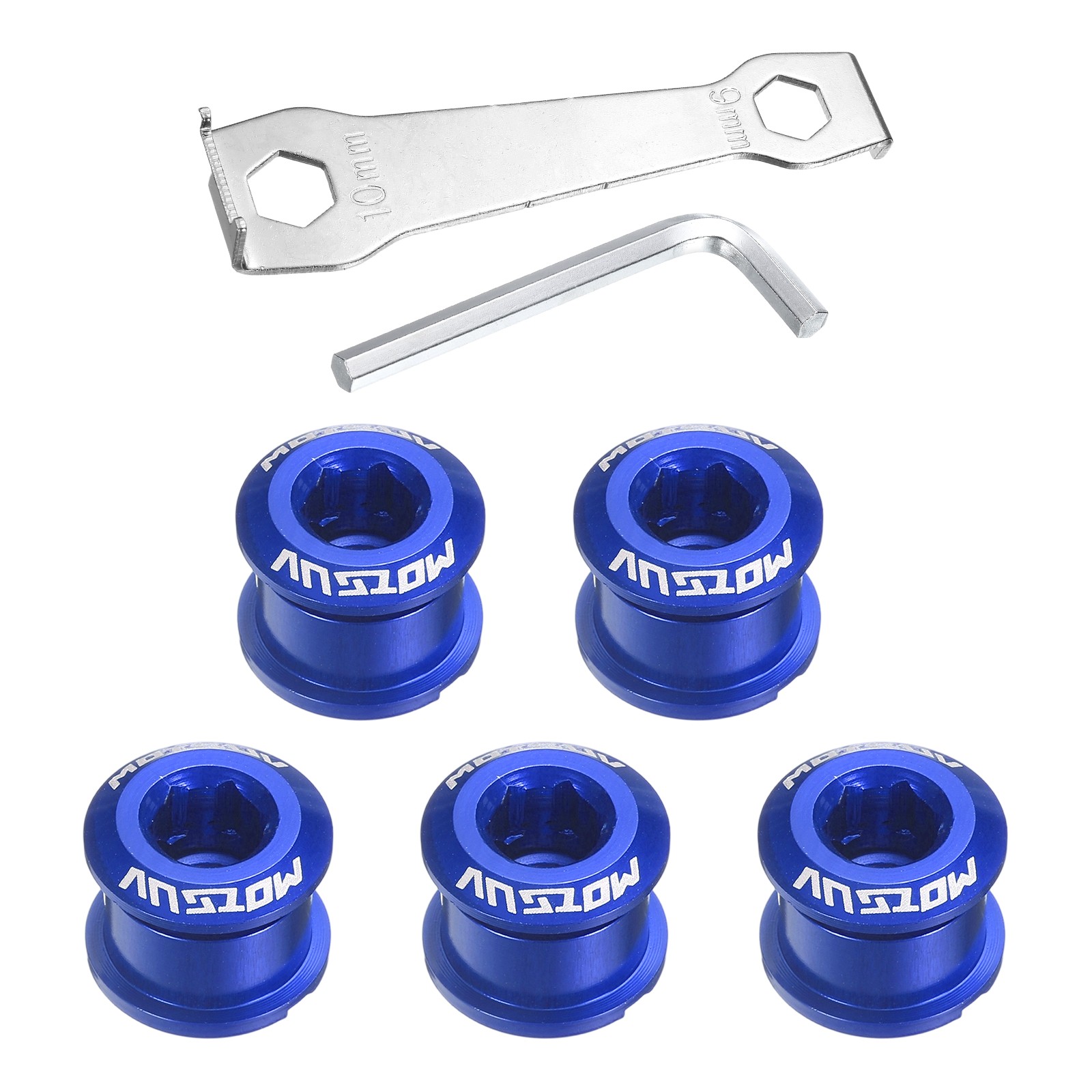 5pcs Single Chain Ring Bolt M8 Bike Chainwheel Screw W Mounting Wrench Blue