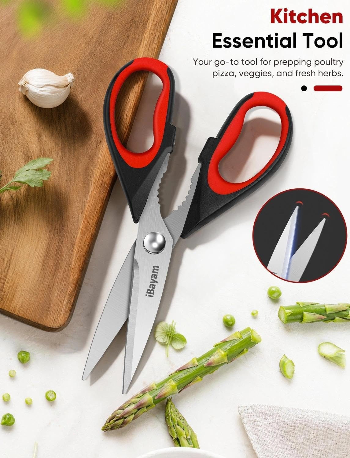 iBayam Kitchen Scissors Shears All Purpose 2-Pack, Black Red, Gray