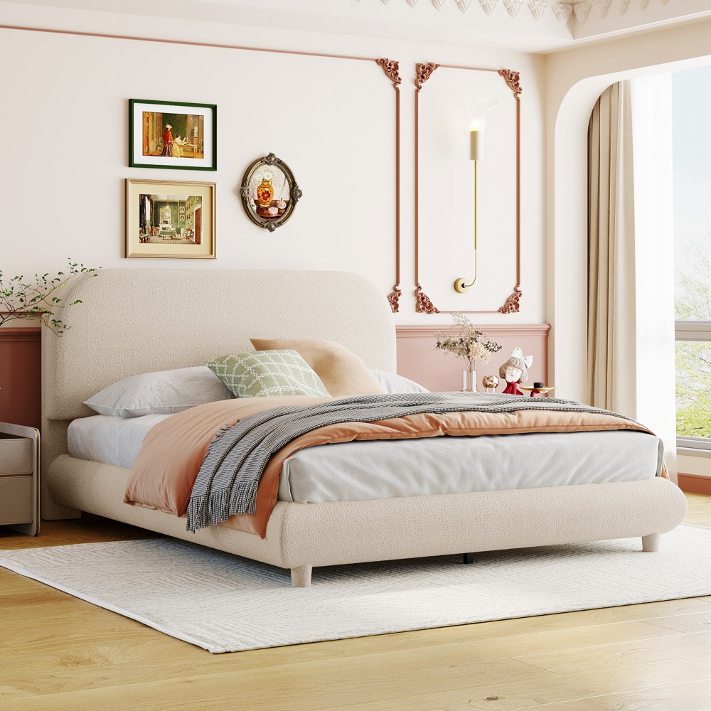 Teddy Fleece Full Size Upholstered Platform Bed with Thick Fabric, Solid Frame