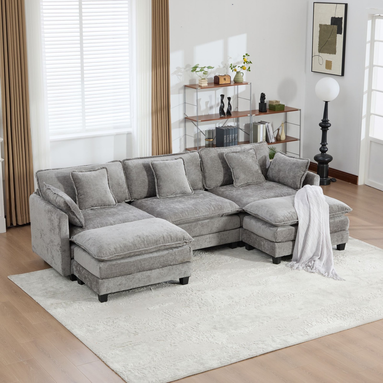 3-Seat Sectional Sofa Cloud Couch, Gray Chenille Fabric Medium-Soft