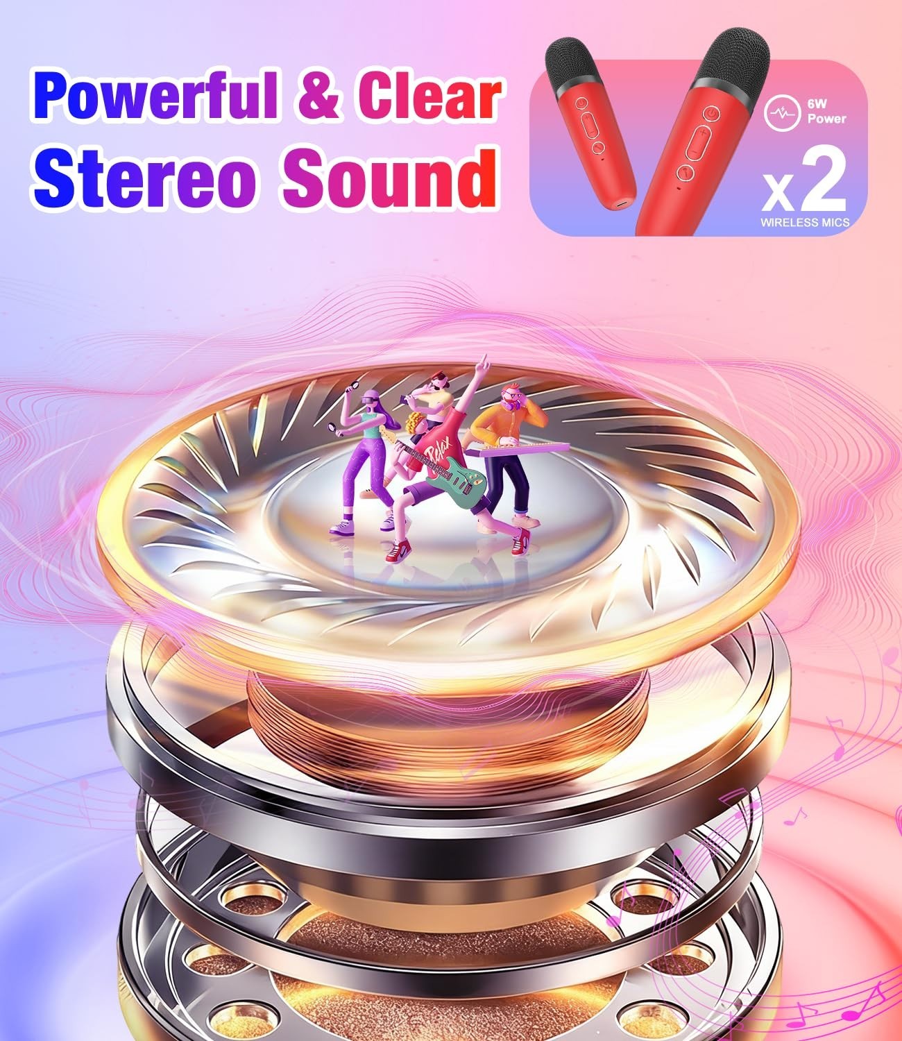 Mini Karaoke Machine, Portable Bluetooth Speaker with 2 Wireless Microphones for