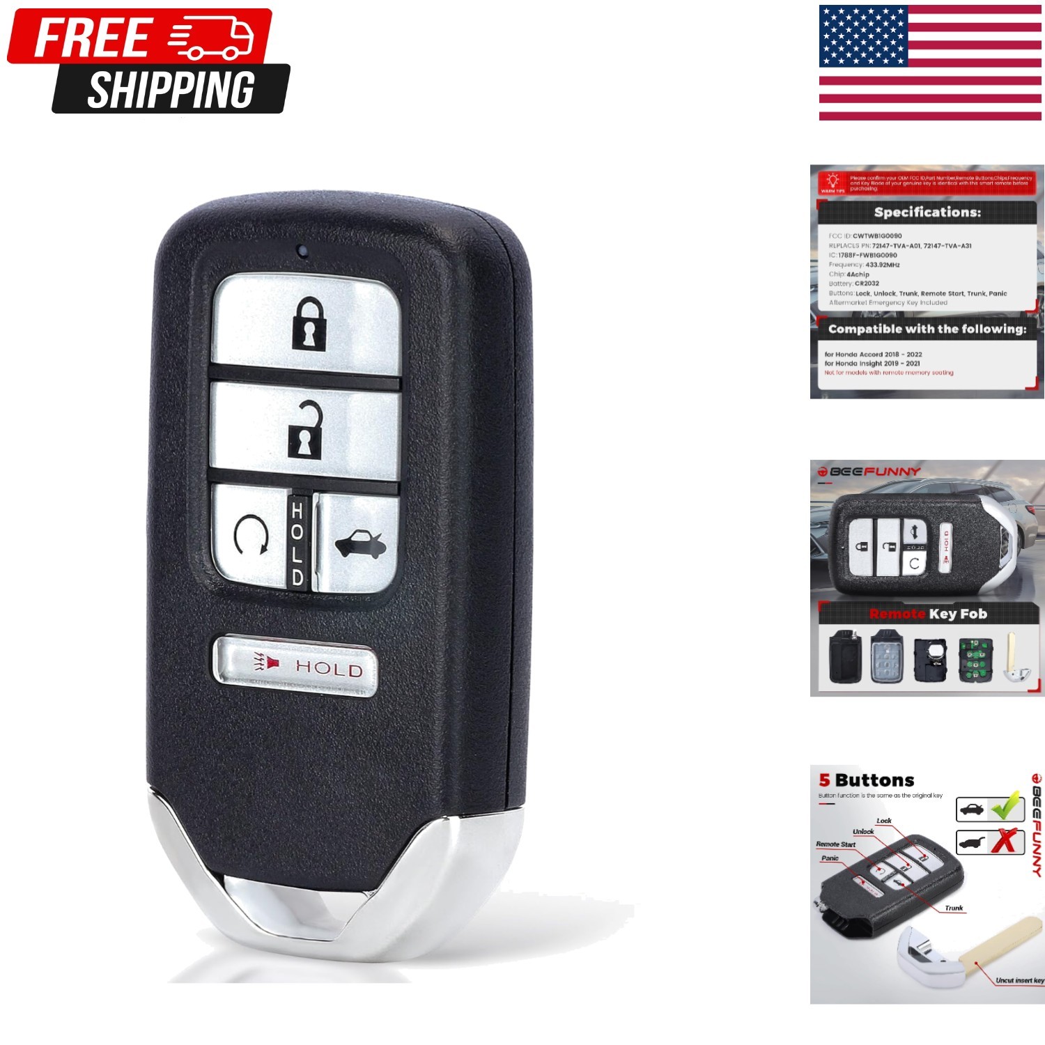 Replacement Remote Keyless Entry Key Fob for Honda Accord 2018 2019 2020 2021...