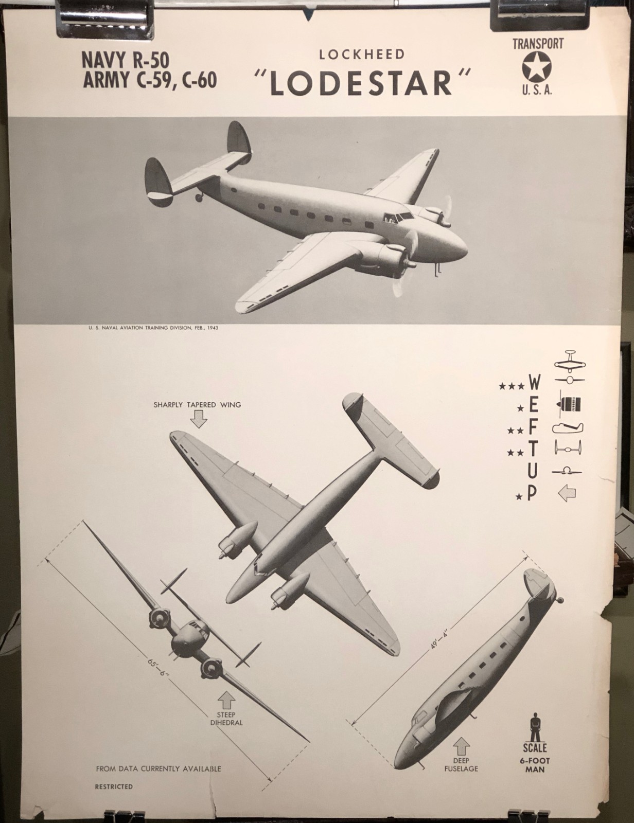 1943 Original LOCKHEED LODESTAR WWII AIRCRAFT ID Recognition Poster