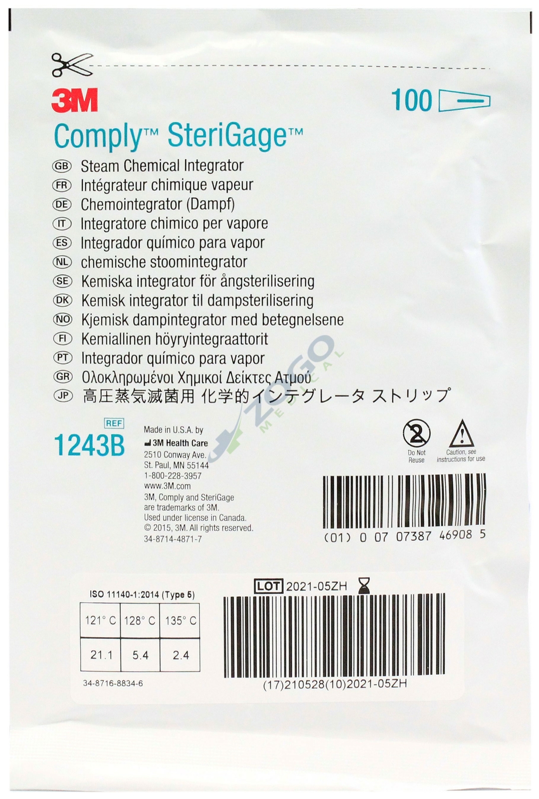 3M 1243B Comply Sterigage Chemical Integrator 2" X 3/4" - Pack of 100
