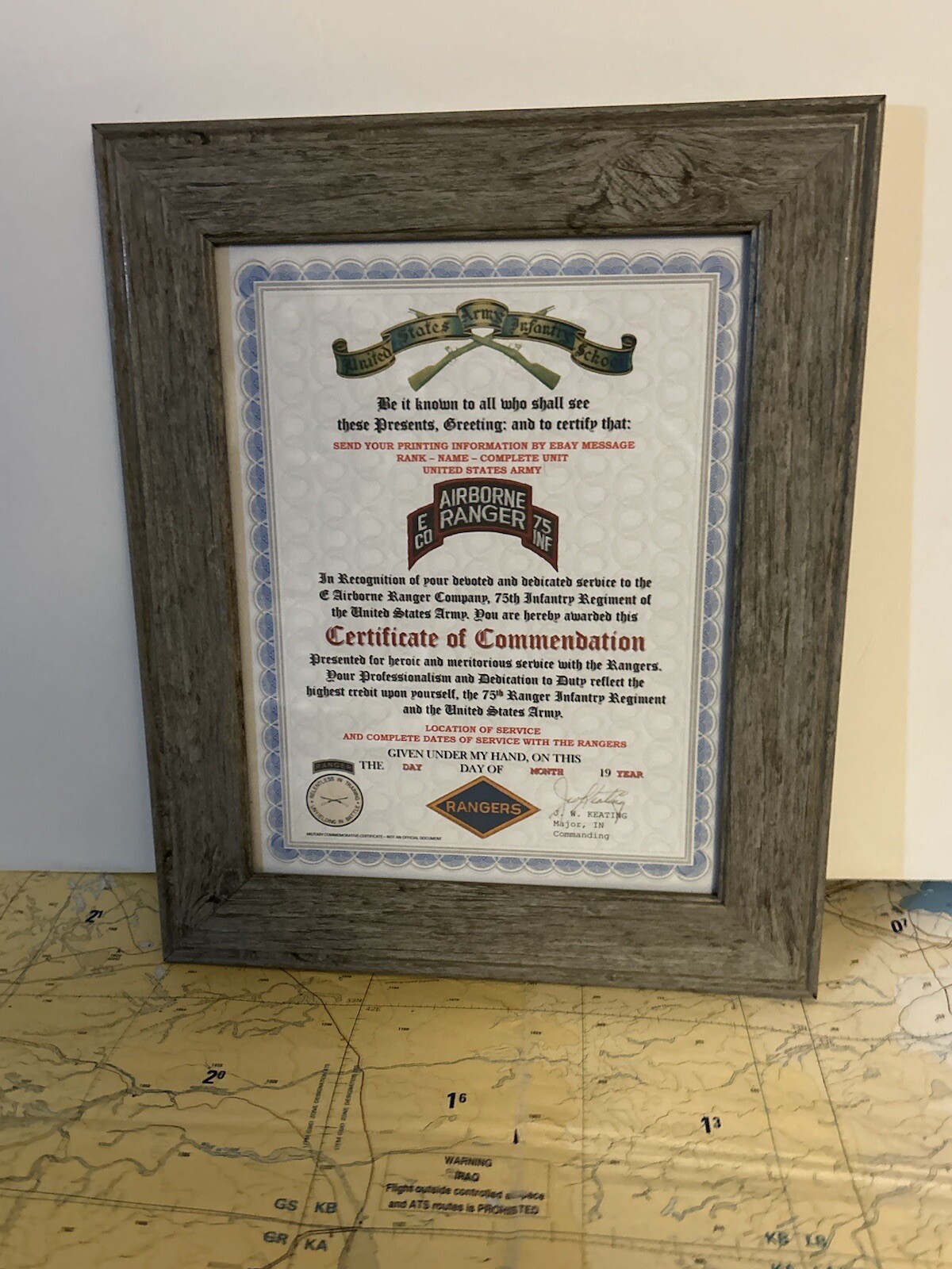 U.S. ARMY RANGER - E CO / 75 INFANTRY COMMENDATION CERTIFICATE (COMMEMORATIVE)