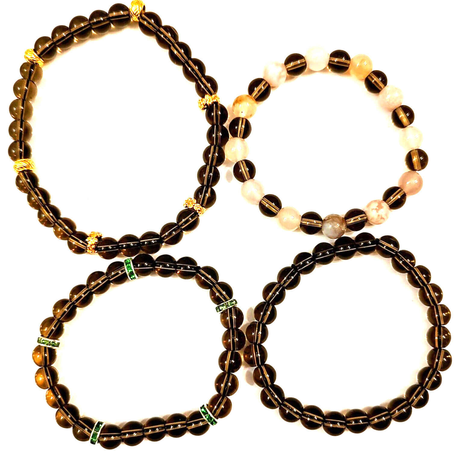 FOUR DIFFERENT SMOKEY QUARTZ  8mm BEAD BRACELETS.  Healing propertys