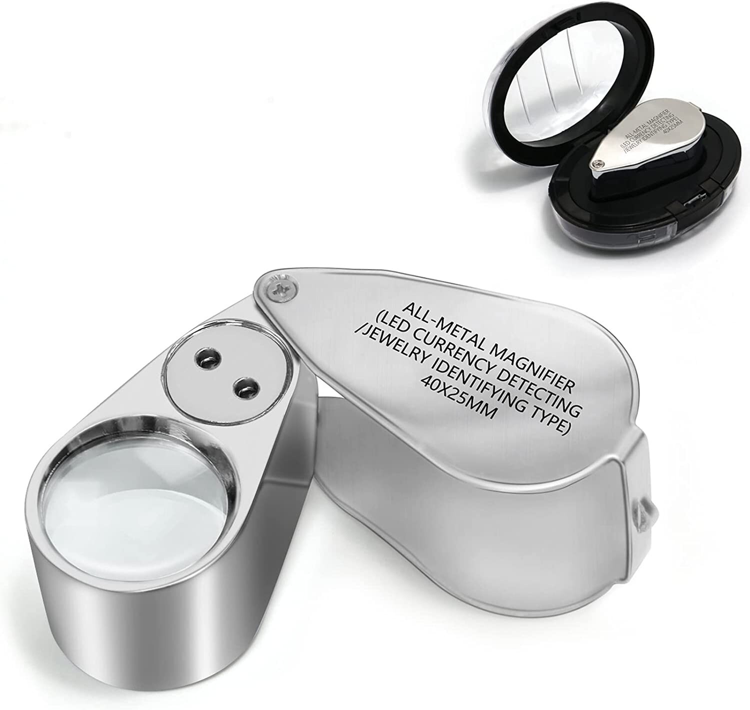 40X Full Metal Illuminated Jewelers Eye Loupe Magnifier, Pocket Folding Lens