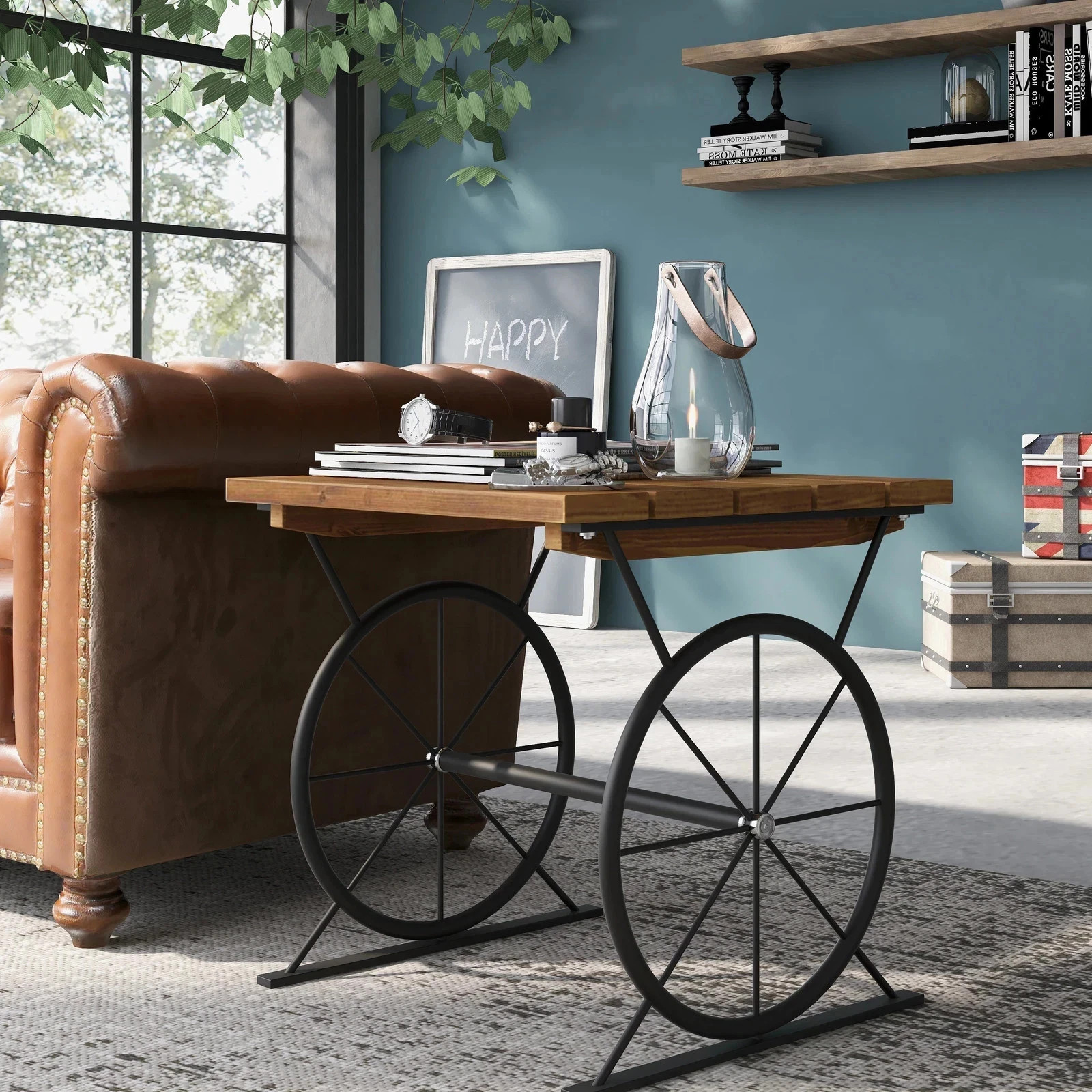 Industrial Metal Wheel Side Table Warm Rustic Farmhouse Accent End Table 19" H