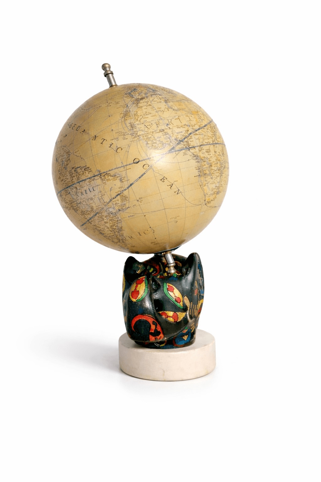 Stone Elephant World Globe on Painted  on Marble Base Art Deco. Rare.  Read