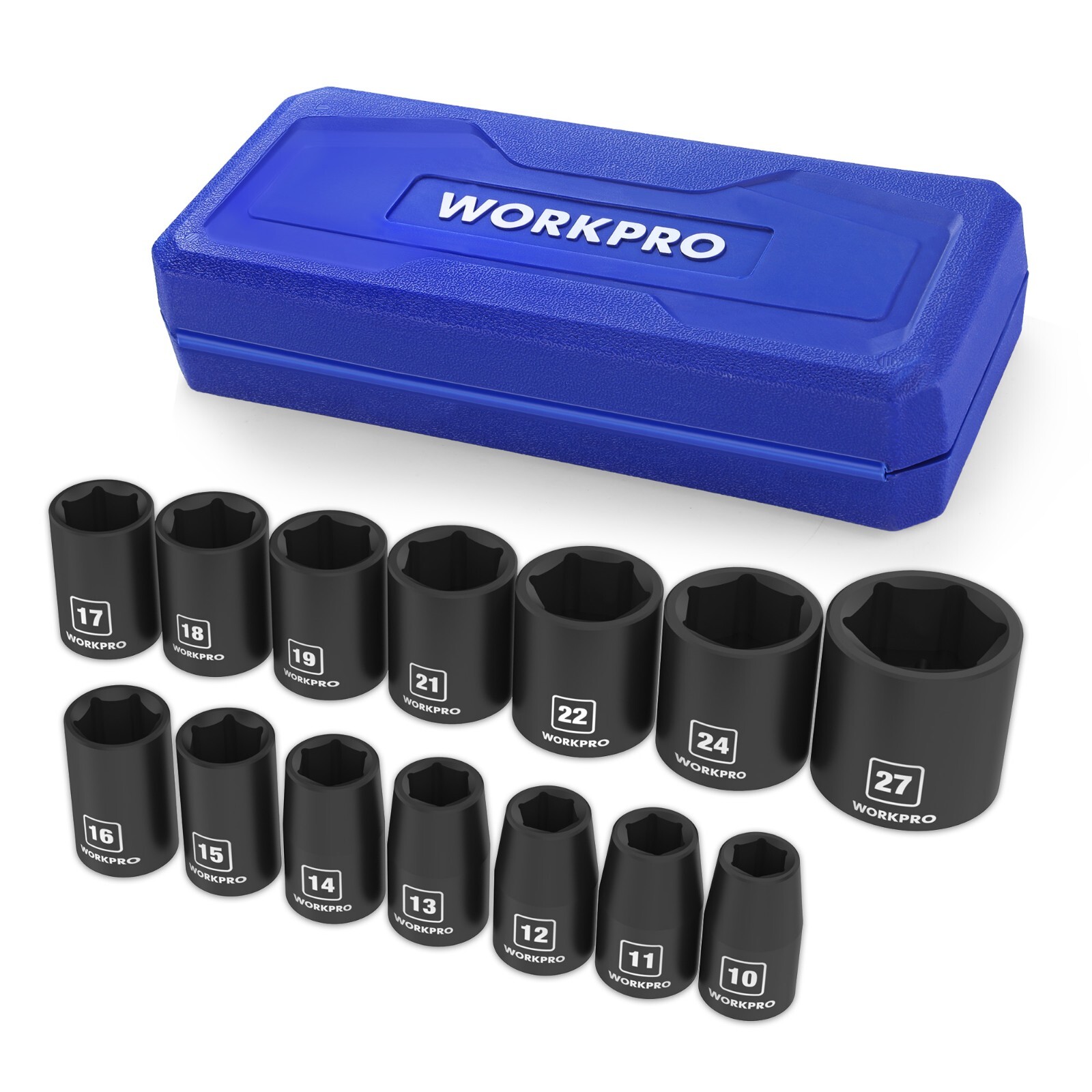 WORKPRO 1/2”Drive Shallow Impact Socket Set Metric Cr-V Steel 6-Point Socket Set