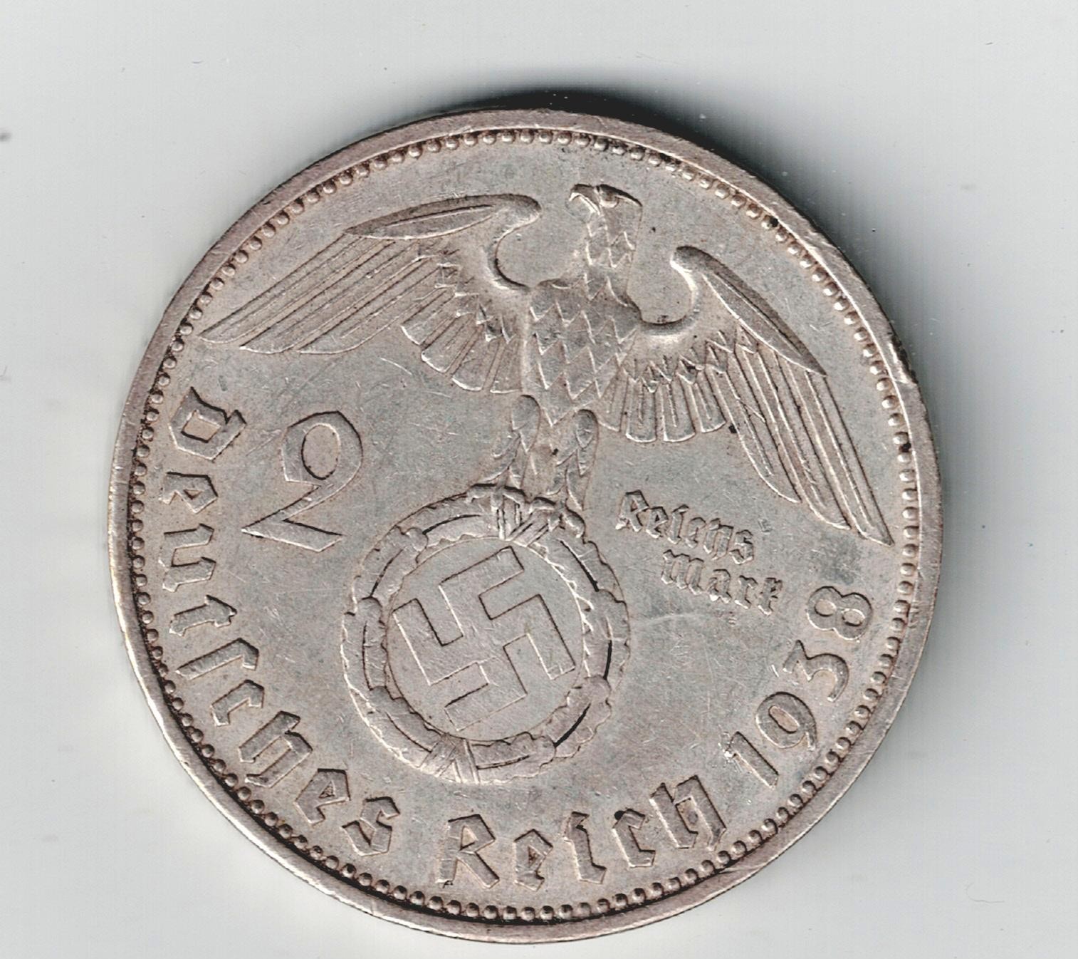 Germany Third Reich Silver 2 Marks Eagle coin 1938 B-2