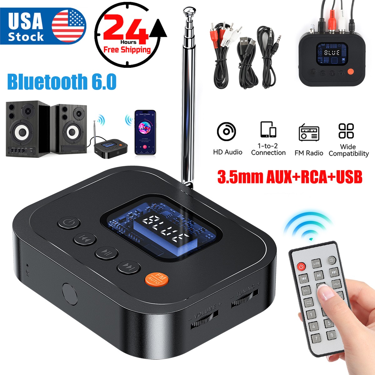 Bluetooth NFC Home Stereo Audio Receiver AUX USB Optical HD Music to RCA Adapter