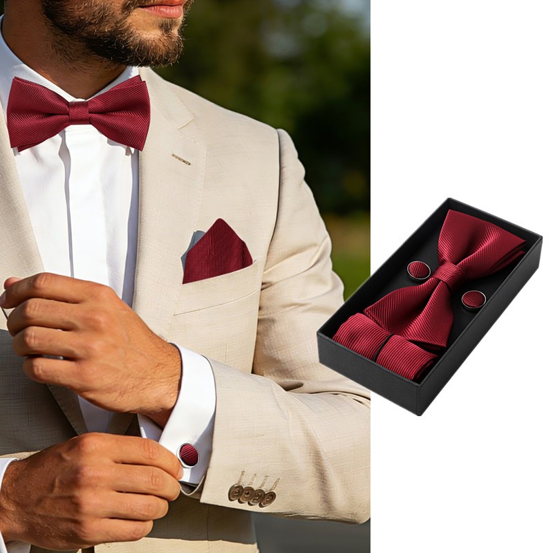 Gentlemen Mens Tuxedo Pretied Bow Tie Breast Pocket Handkerchief Set for Groom