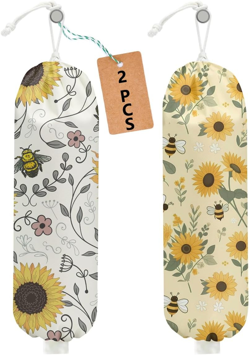 2Pcs Cute Bee Plastic Bag Holder, Wall Mount Grocery Bag Holder Sunflower 02