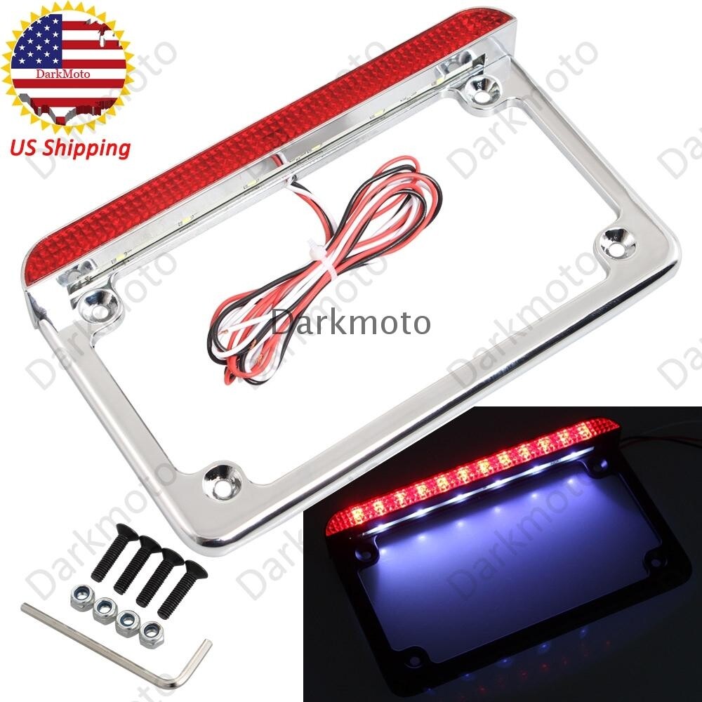 Chrome Motorcycle License Plate Frame LED Light Brake Tail Light Mount Universal