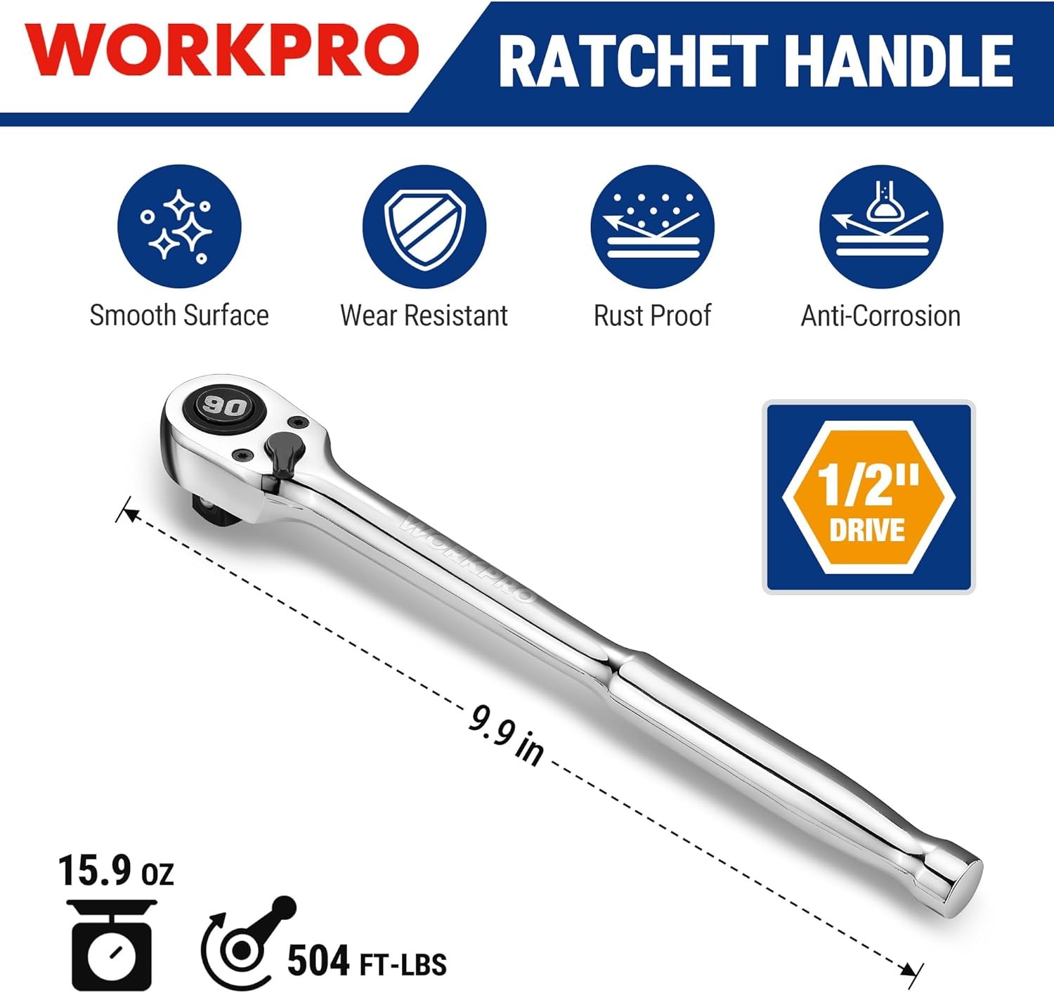 WORKPRO Low Profile 1/2-Inch Drive Ratchet 90-Tooth Quick-release Ratchet Wrench