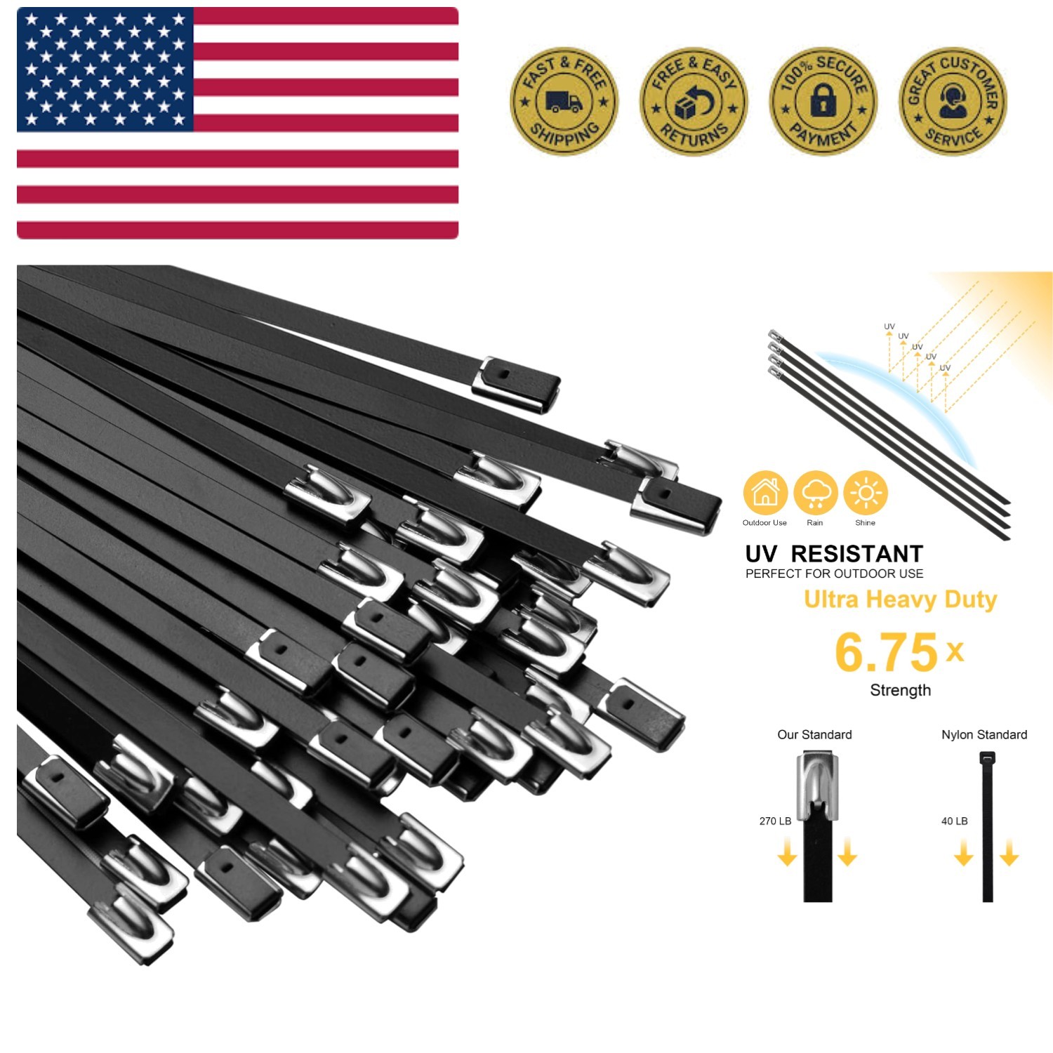 Matte Black 11.8in Stainless Steel Zip Ties - 30 Count Heavy Duty Flexibility