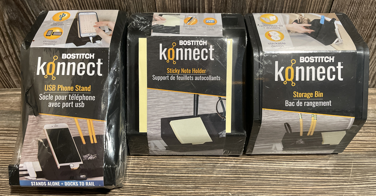 BOSTITCH KONNECT 3 Piece Set-USB Phone Stand-Sticky Note-Storage Bin- Black