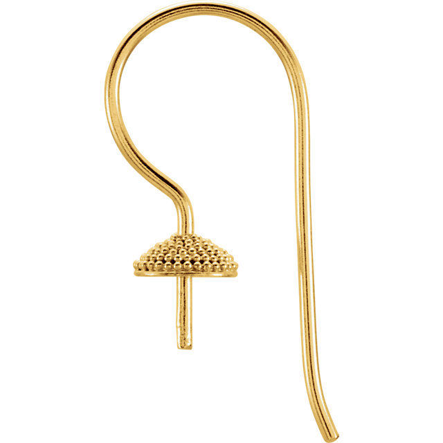 18K Yellow Gold Handmade Granulated Pearl Cup Ear Wires w/Post 6-8mm Pearl 2 pcs