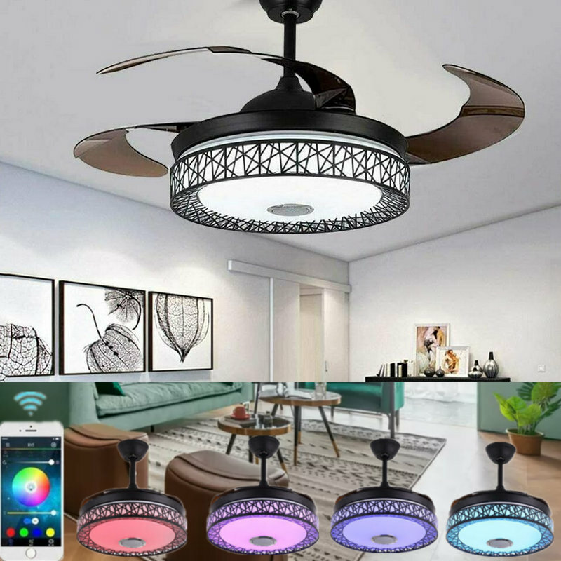 42”Retractable Bluetooth Ceiling Fan Light LED Chandelier w/Music Playerr Remote