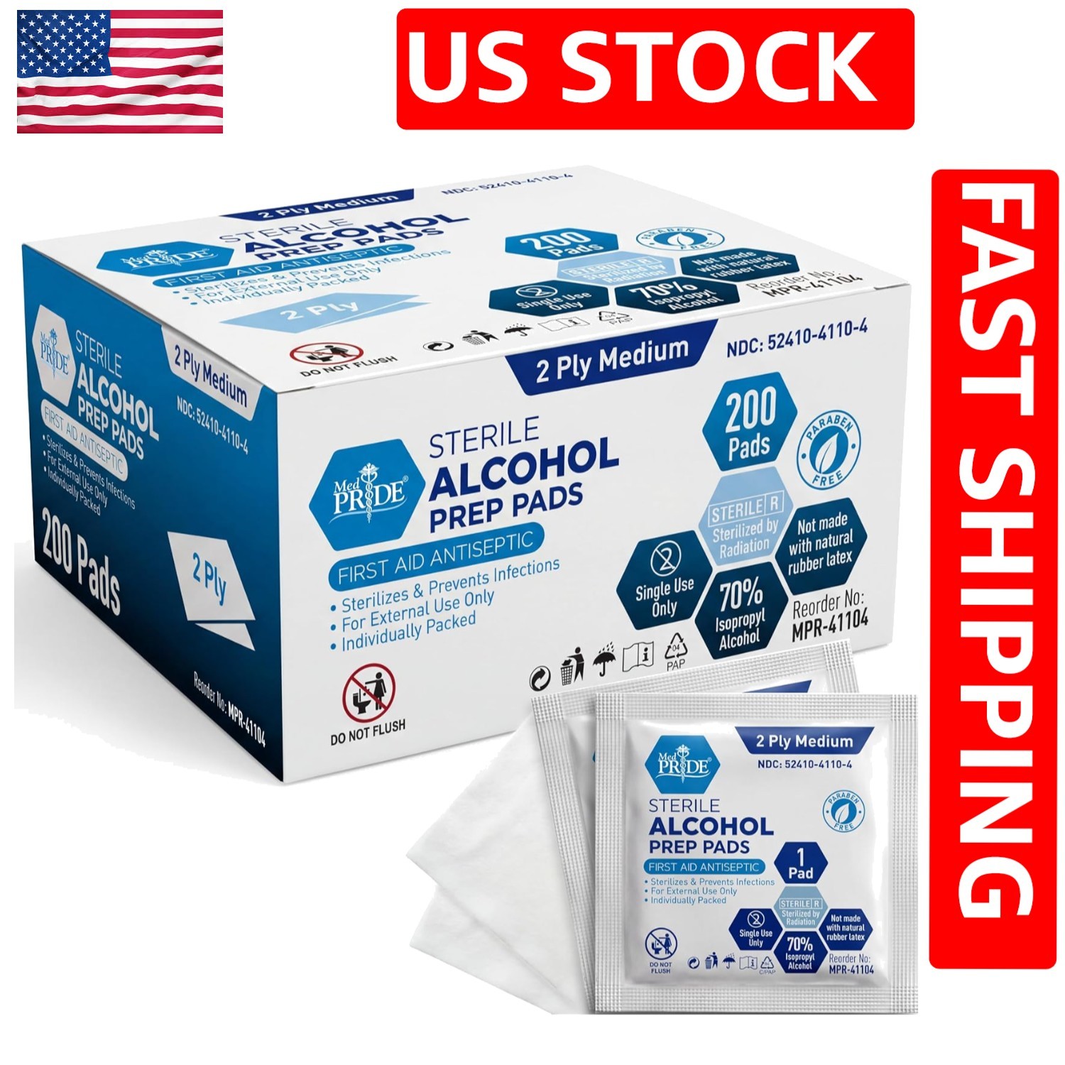 Gentle 2-Ply Alcohol Prep Pads, 70% Isopropyl - Individually Wrapped for Hygiene
