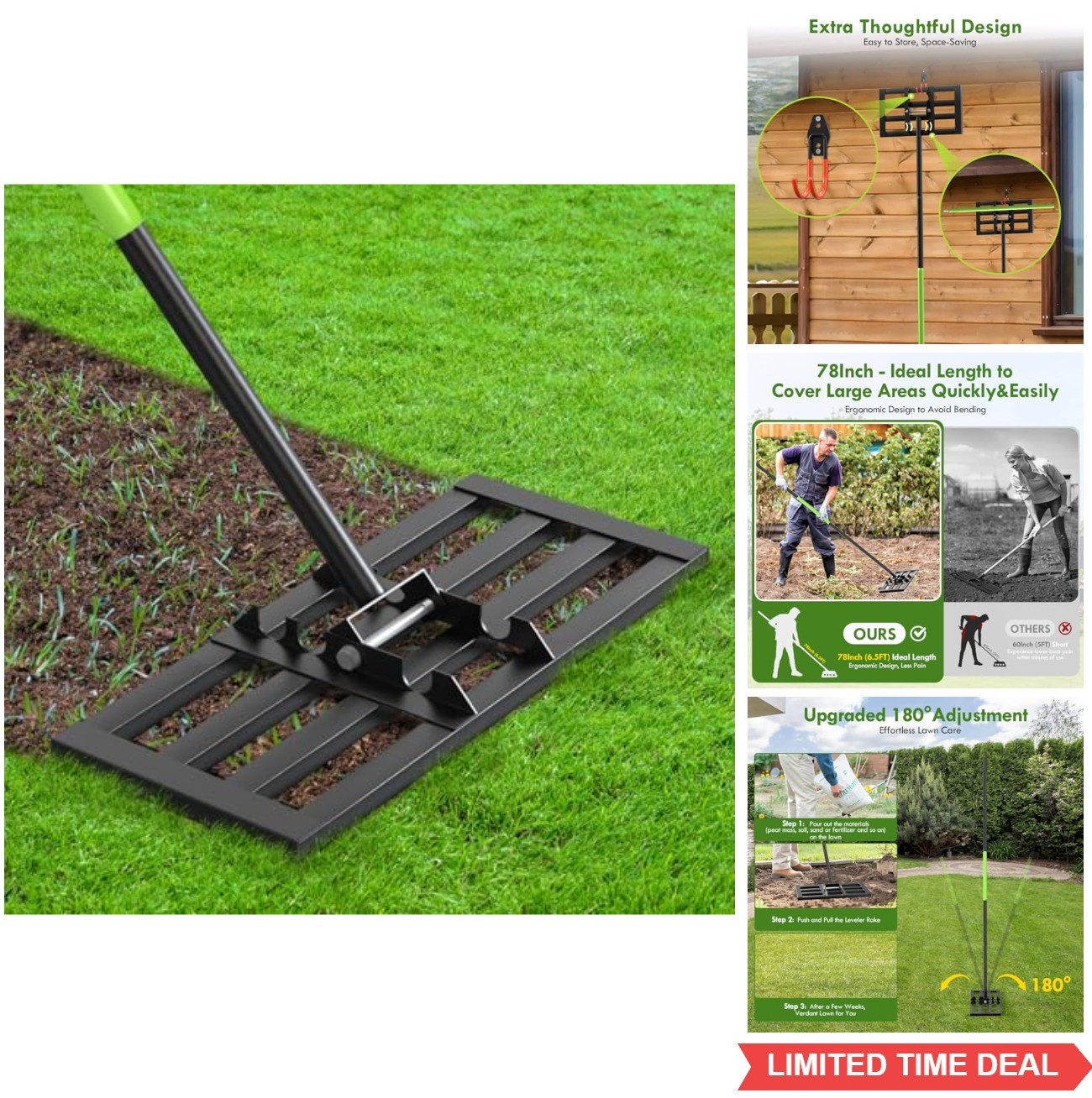 Heavy Duty Lawn Leveling Rake 17 Inch x 10 Inch 6.5FT Steel Handle Adjustable