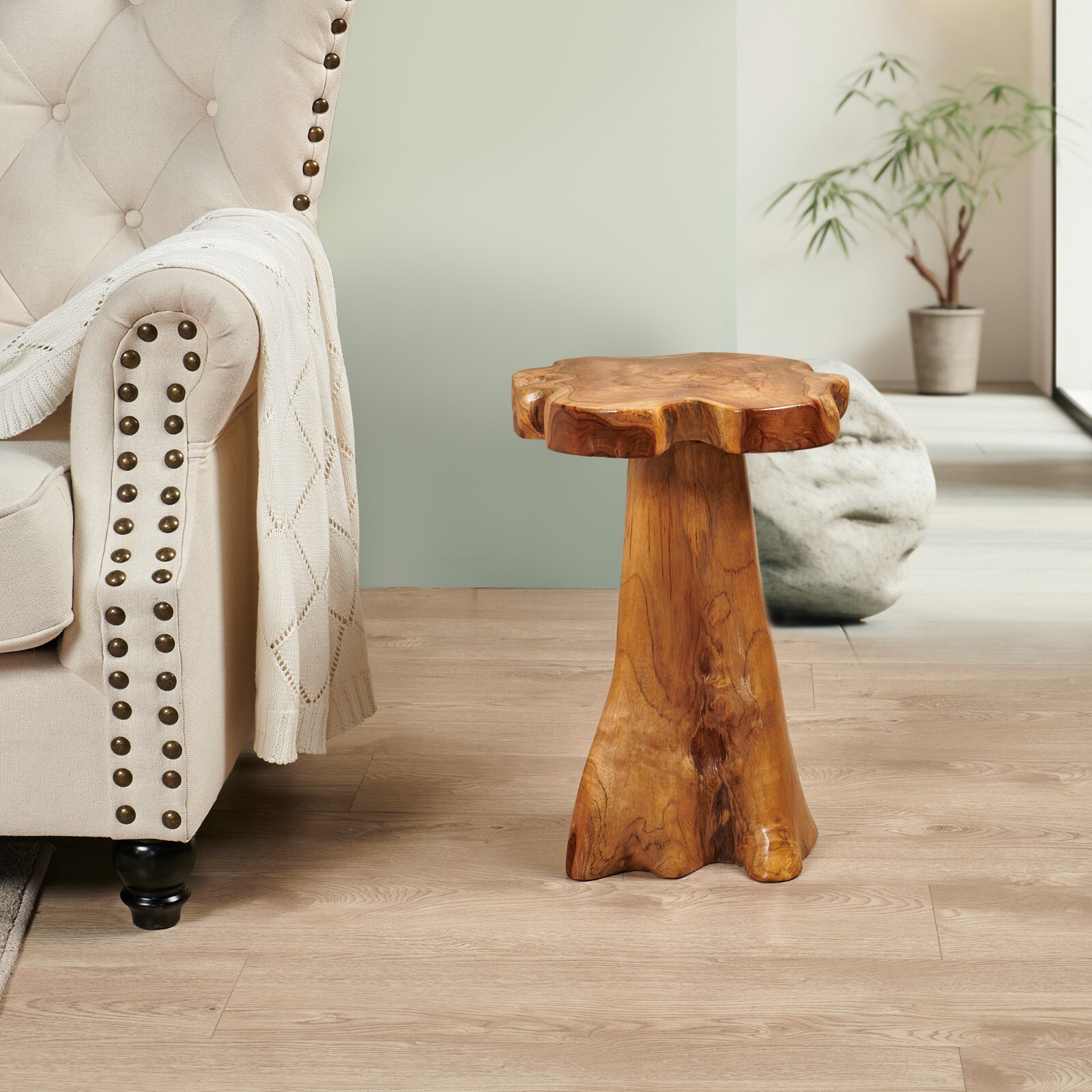 Rustic Teak Tree Stump Table – Live Edge Side Table or Stool, Natural Wood, Gift