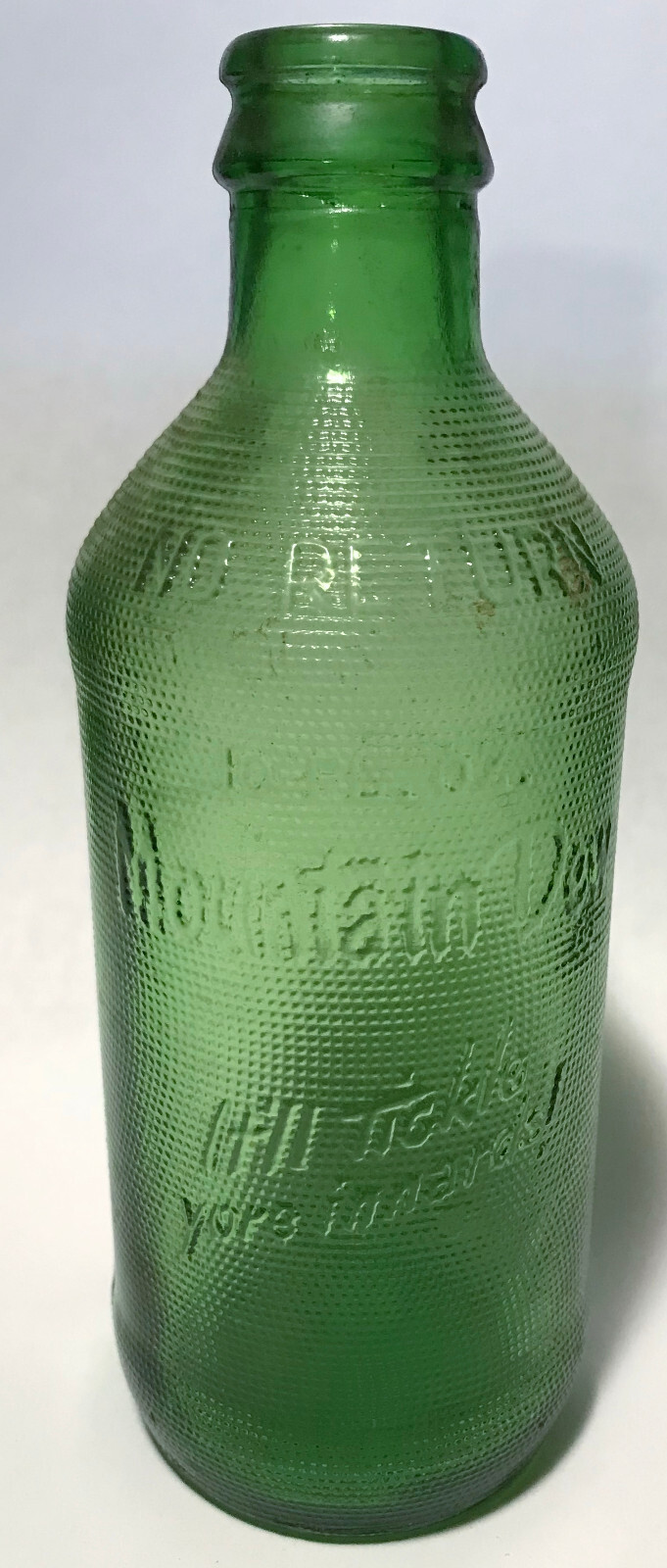 RARE Vintage Mountain Dew "It'll Tickle Your Innards" Embossed Green Soda Bottle