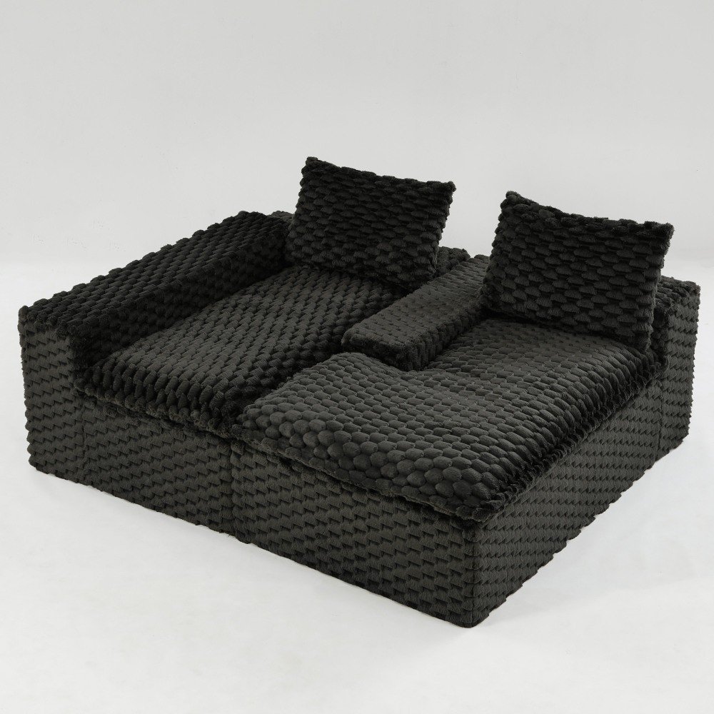 Black Convertible Sofa w/ Chaise Lounge - L-Shape Straight Modular
