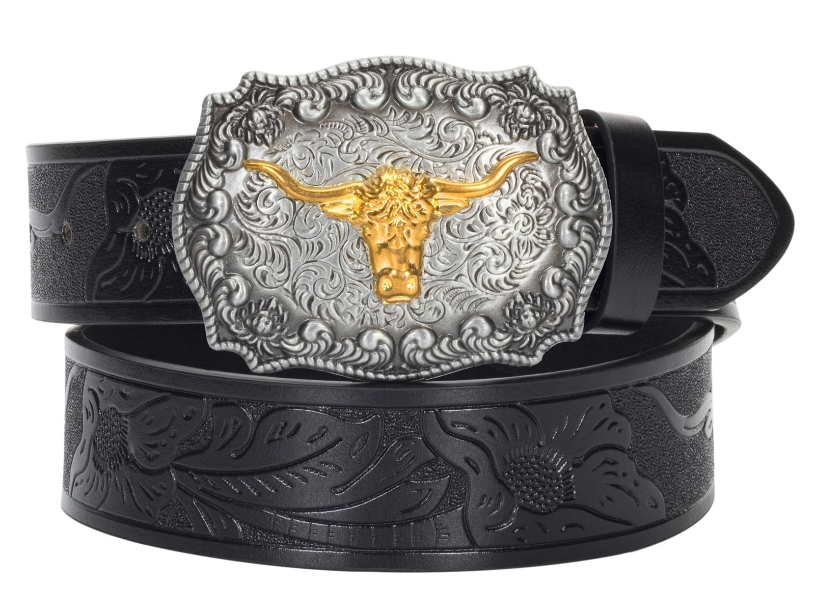 Western-PU-Leather-Belts for Men and Women Cowboy-Cowgirl Longhorn-Bull-Patte...