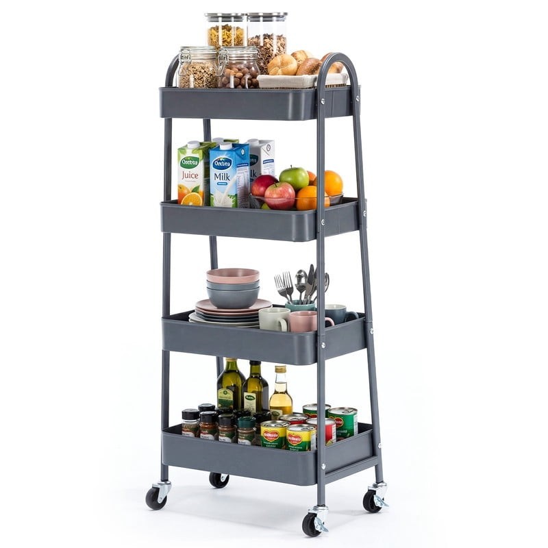 Gianna Utility Rolling Cart Metal 4-Tier Lockable Wheels Slim Storage Gray