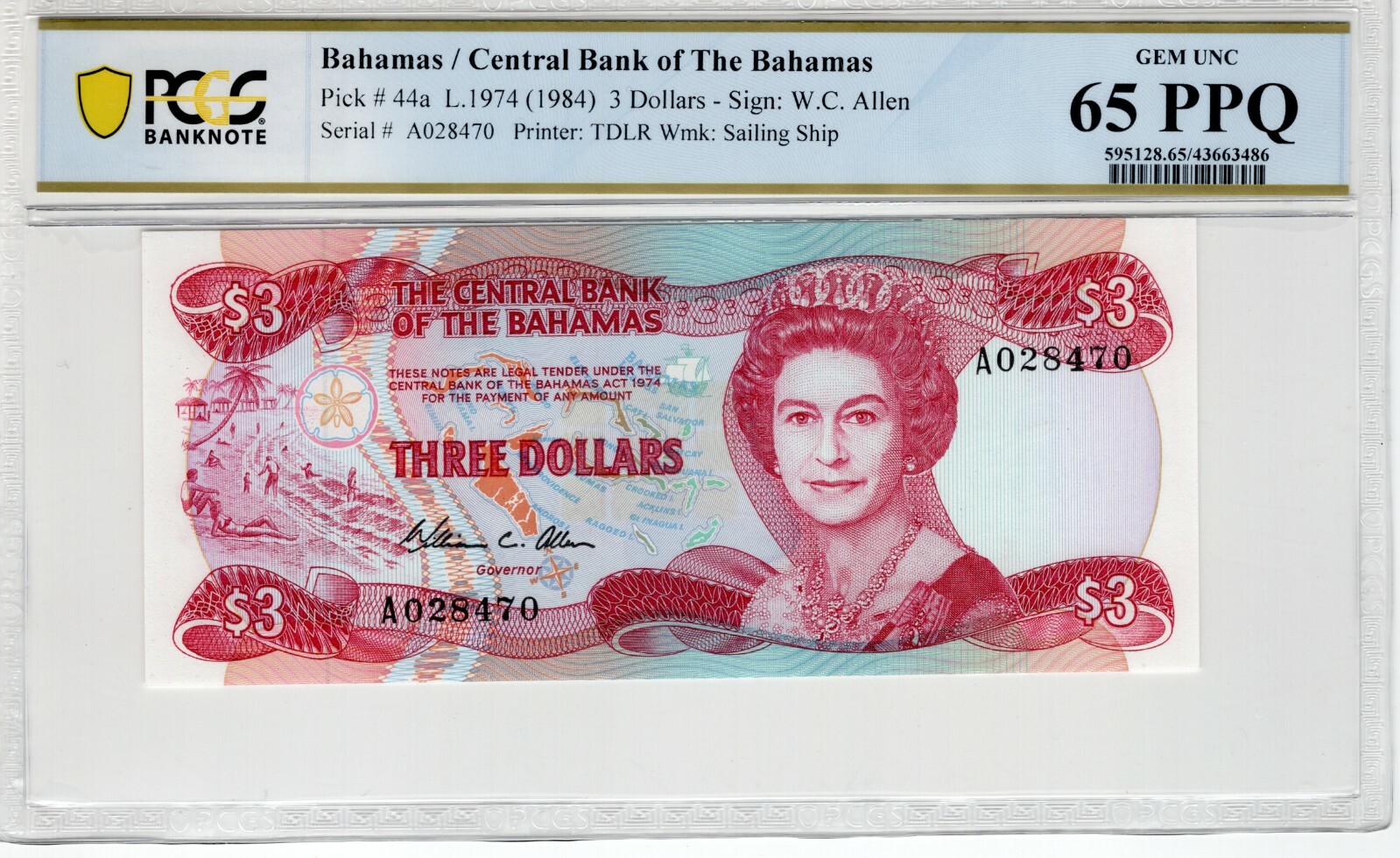 Bahamas 1974 1984 3 Dollars PCGS Banknote UNC 65 PPQ Pick 44a