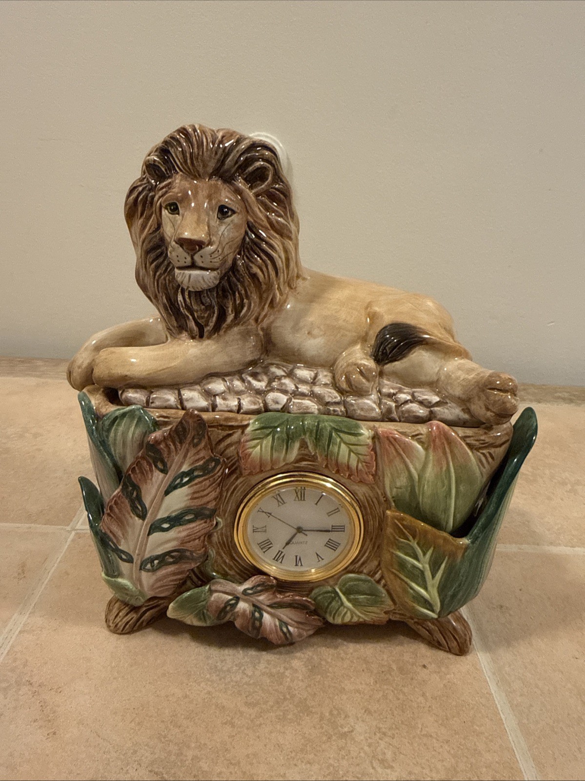 FITZ AND FLOYD Exotic Jungle Lion Lidded Box with Inset Clock