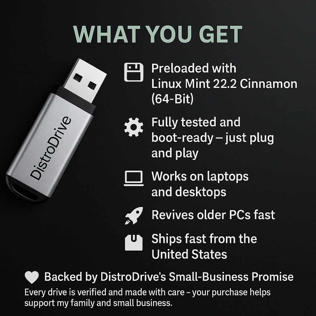 Linux Mint 22.2 Cinnamon 64-Bit Live USB Drive – Plug & Play, Revive Any PC Fast