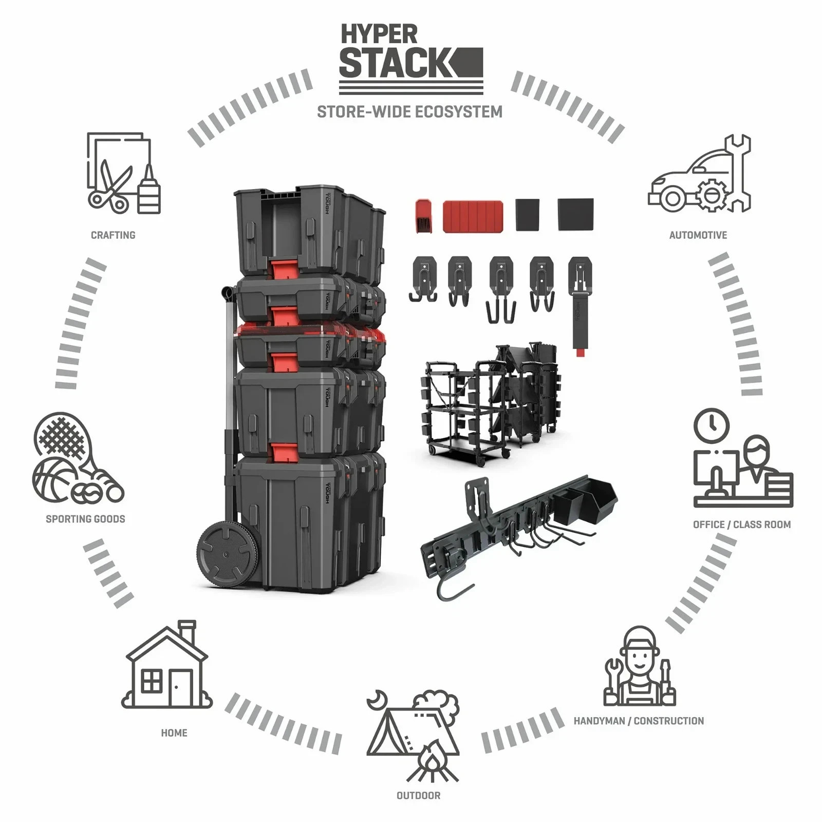 Hyper Tough Hyper Stack Heavy Duty 3 Piece Modular Rolling Toolbox System, Black