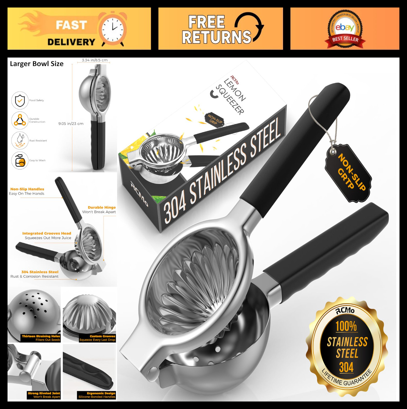 Heavy-Duty Stainless Steel Lemon Squeezer - Ergonomic Citrus Juicer with Silicon