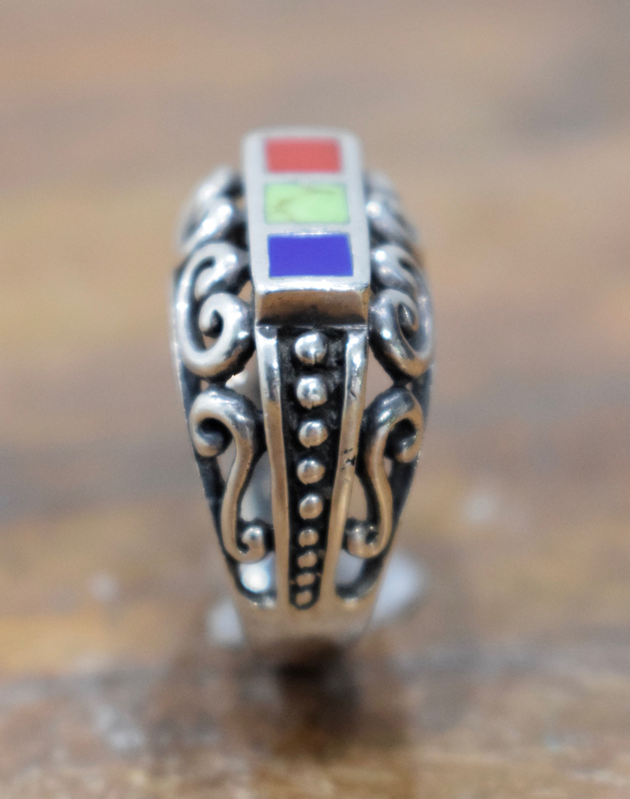 Ring Sterling Silver Inlaid Ornate Stone Ring