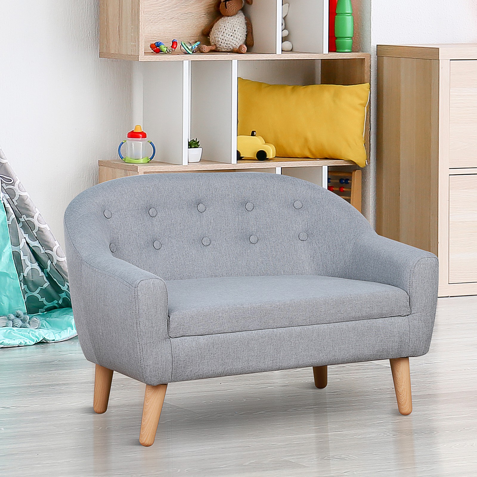 Cozy Children Sofa Couch Sturdy Wood 2 Seat Armrest Chair Kids Grey