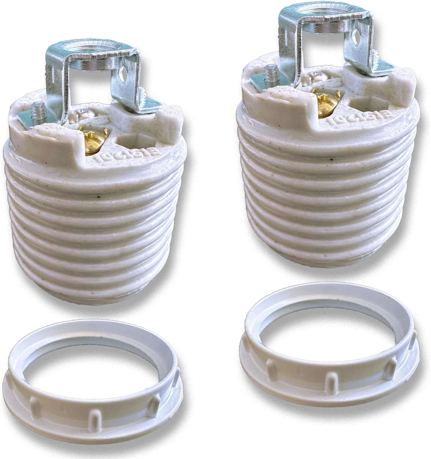 E26 Ceramic Threaded Light Socket with White Aluminum Shade Ring, UL Listed M...