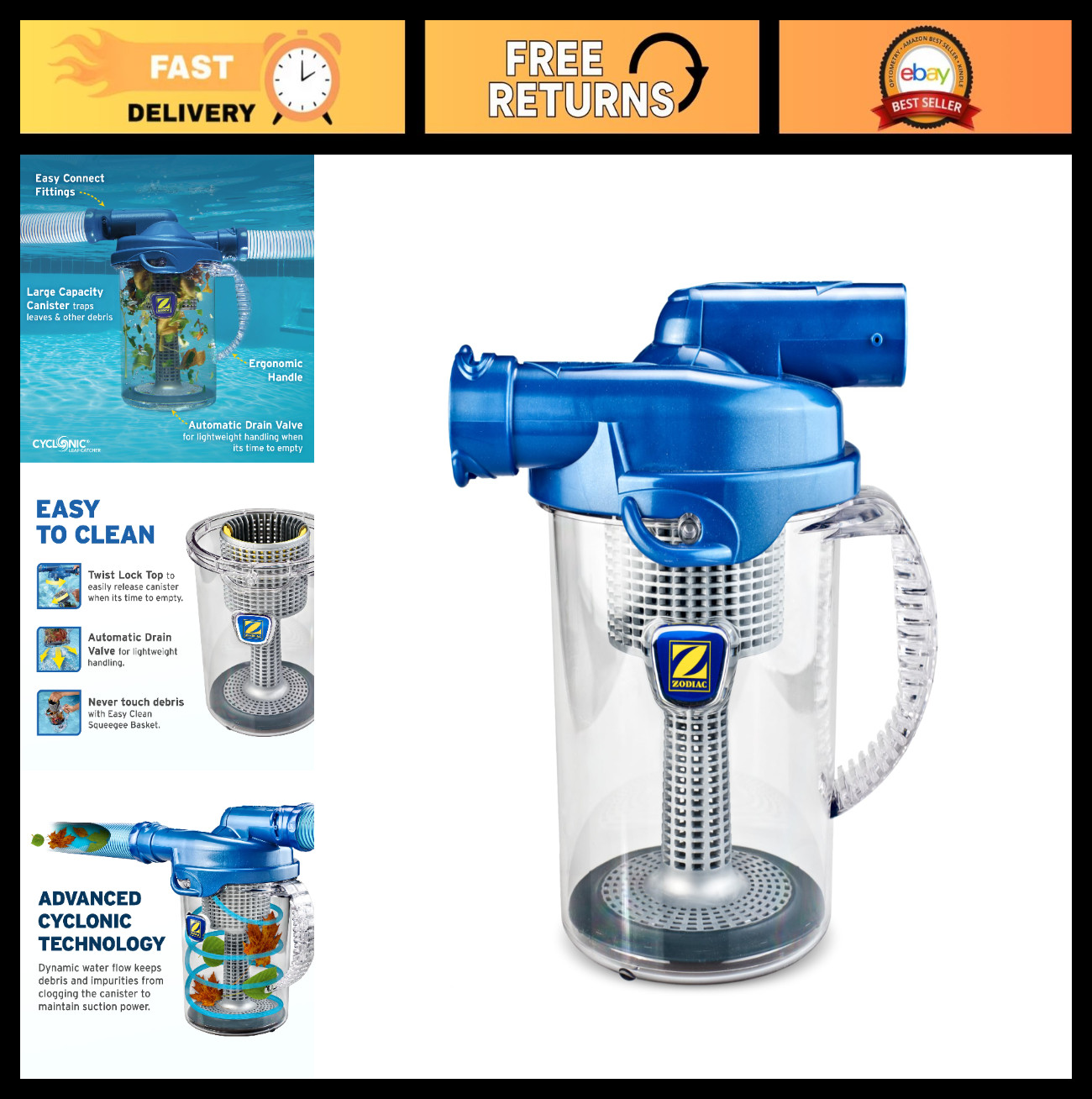 Cyclonic Leaf Catcher for Suction-Side Pool Cleaners - Universal Hose Connection