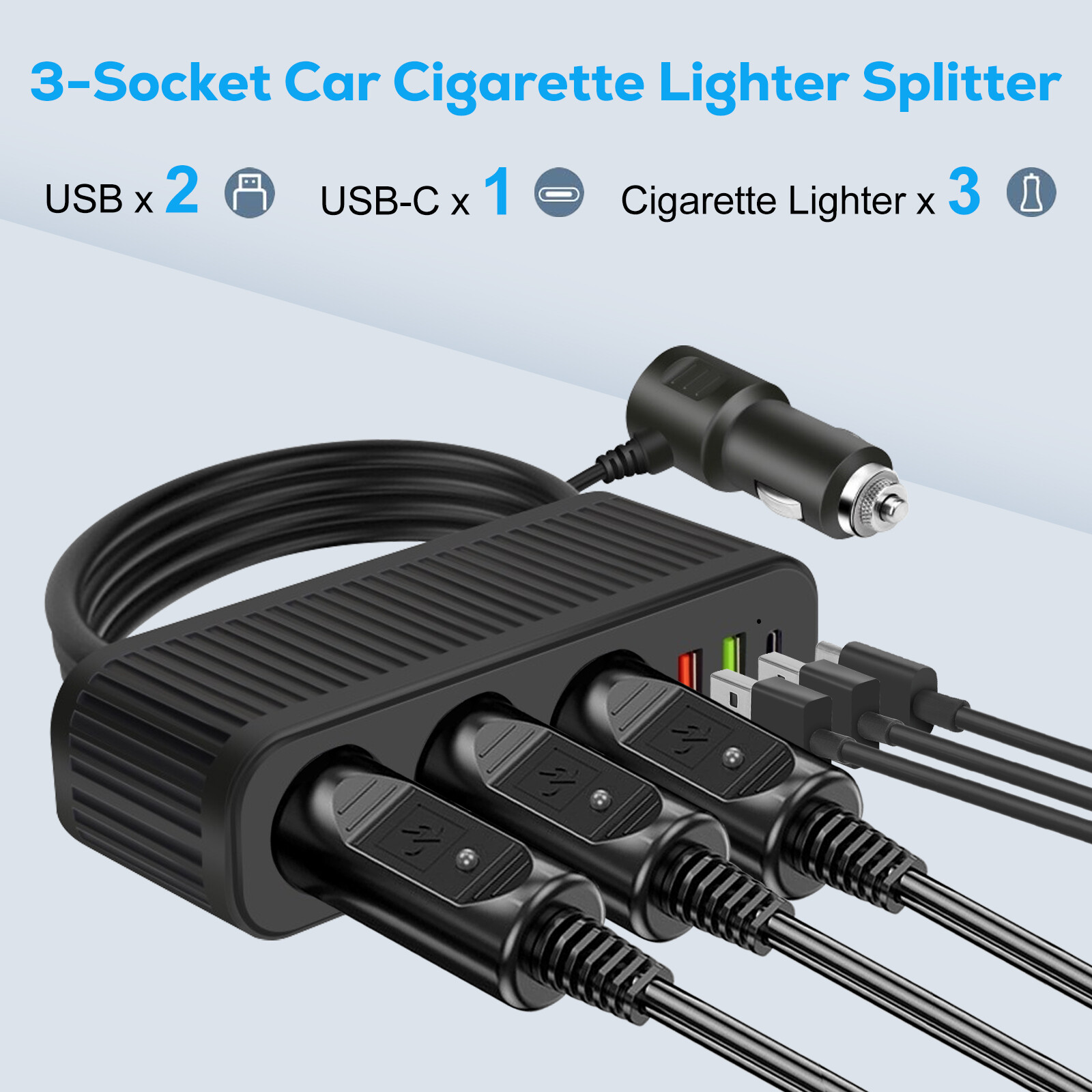 3Way Car Cigarette Lighter Socket Splitter Dual USB PD Charger Power Adapter 12V